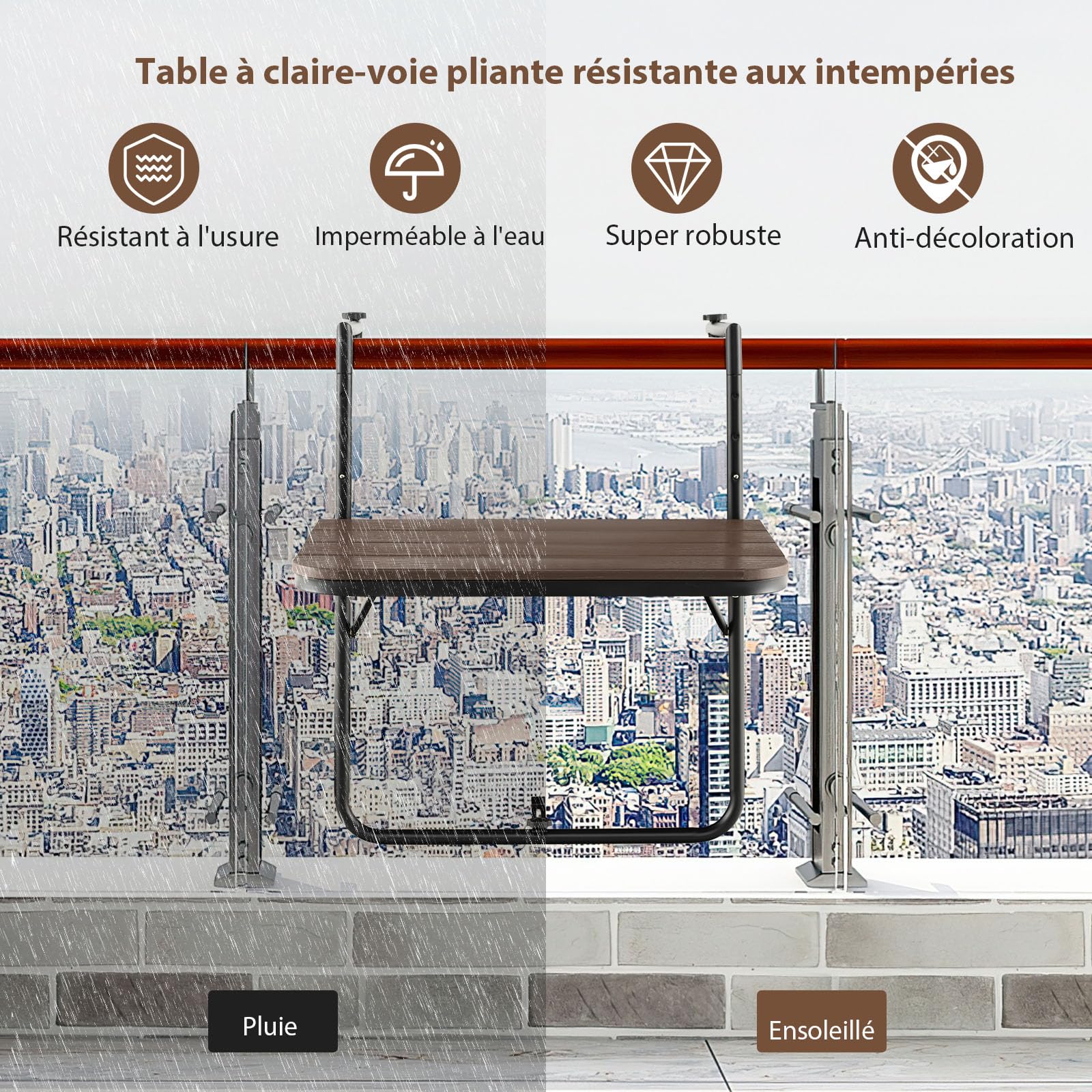 GOPLUS Table de Balcon Suspendue Pliable, Réglable Hauteur, Résistante aux Intempéries, Table Suspendue de Balcon jusqu'à 30 kg, 60×62,5×84 cm (Café)