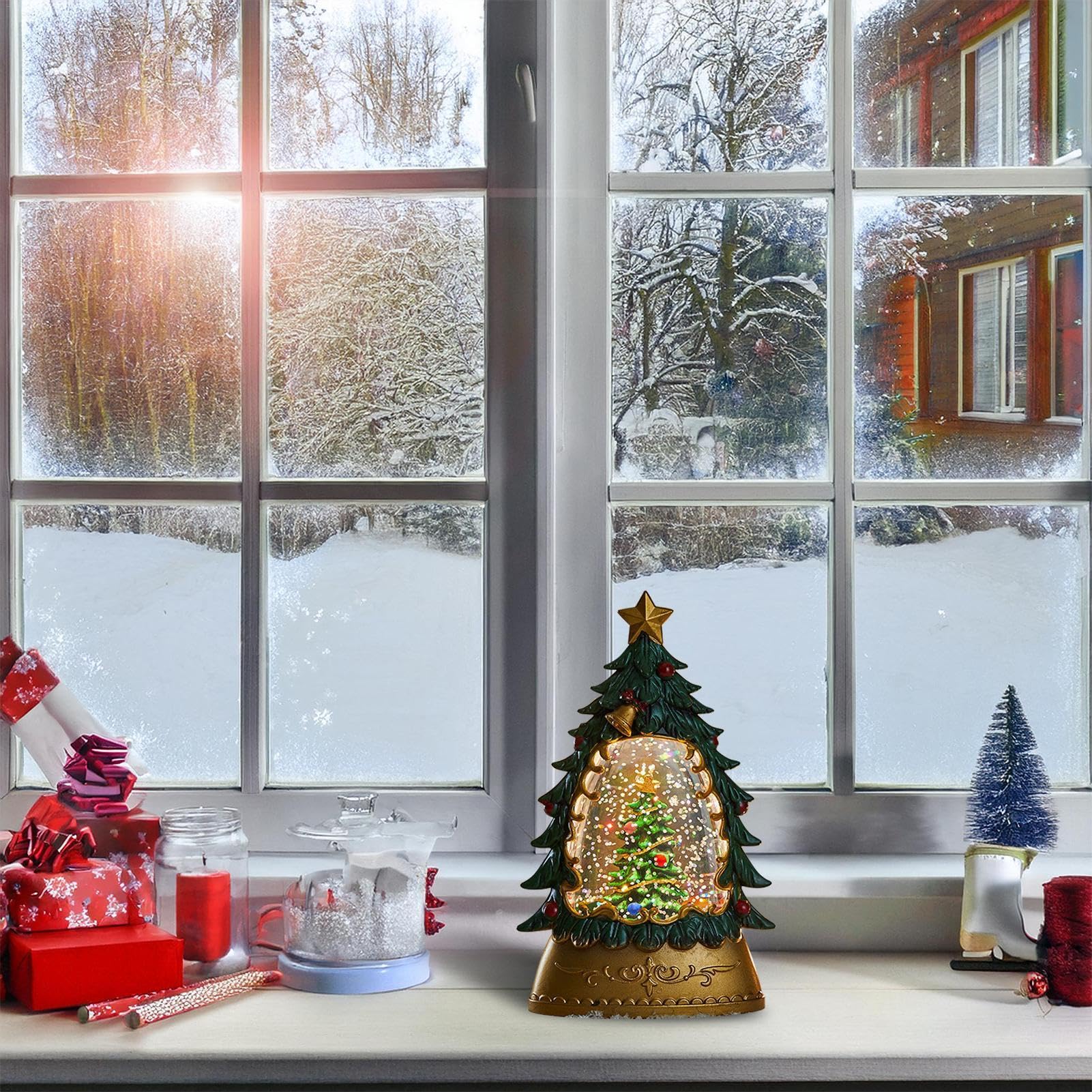 Bola de Nieve Brillante,Globos de Nieve, Bola Brillante con Forma de árbol de Navidad, Luz Nocturna de Bola Brillante de otoño, Decoraciones iluminadas en la Puerta para el hogar Interior, Mesa