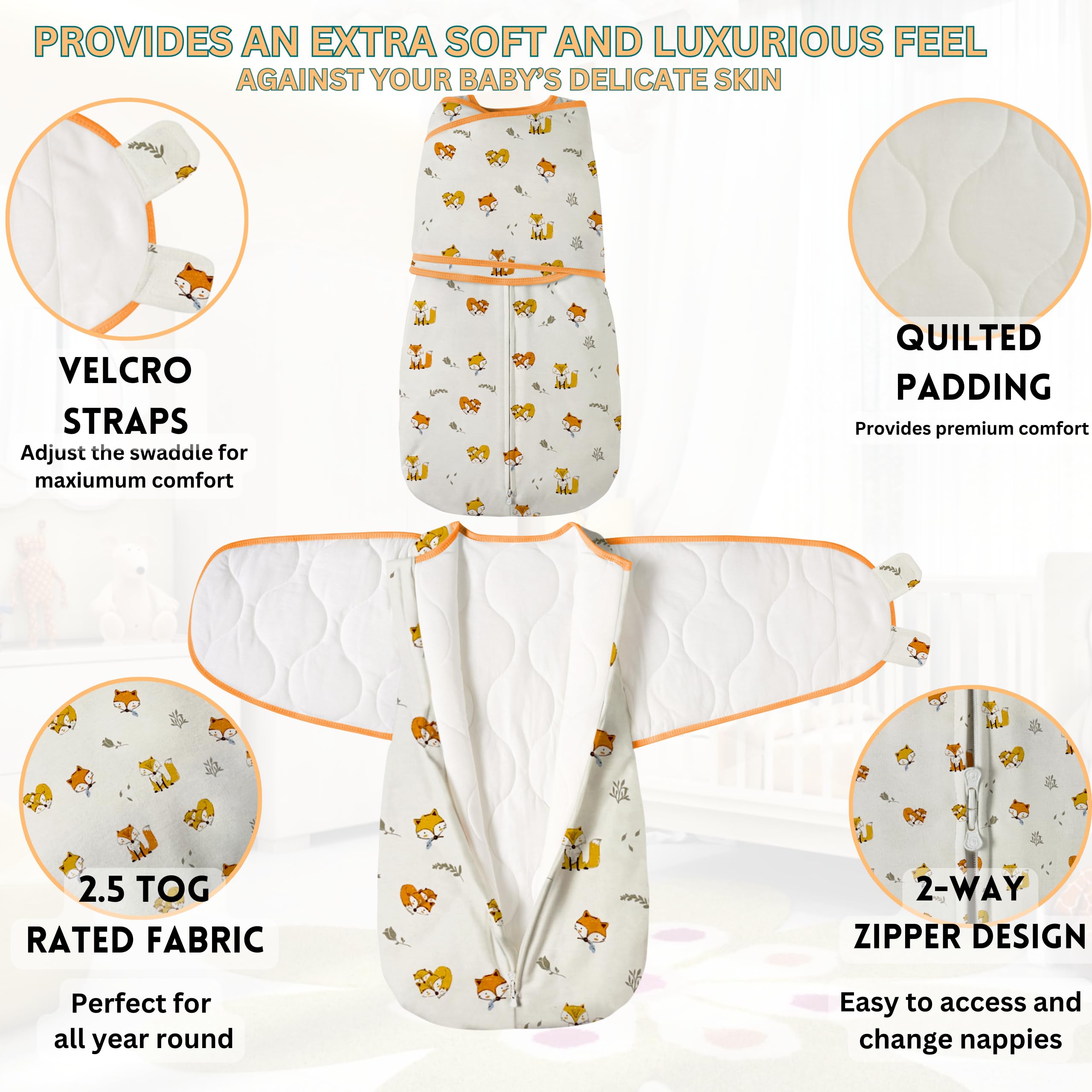 Teruko Baby Swaddle Sleep Sack 2.5 Tog, Quilted Cotton Sleeping Bag with 2-Way Zip & Adjustable Velcro Wrap - Image 2