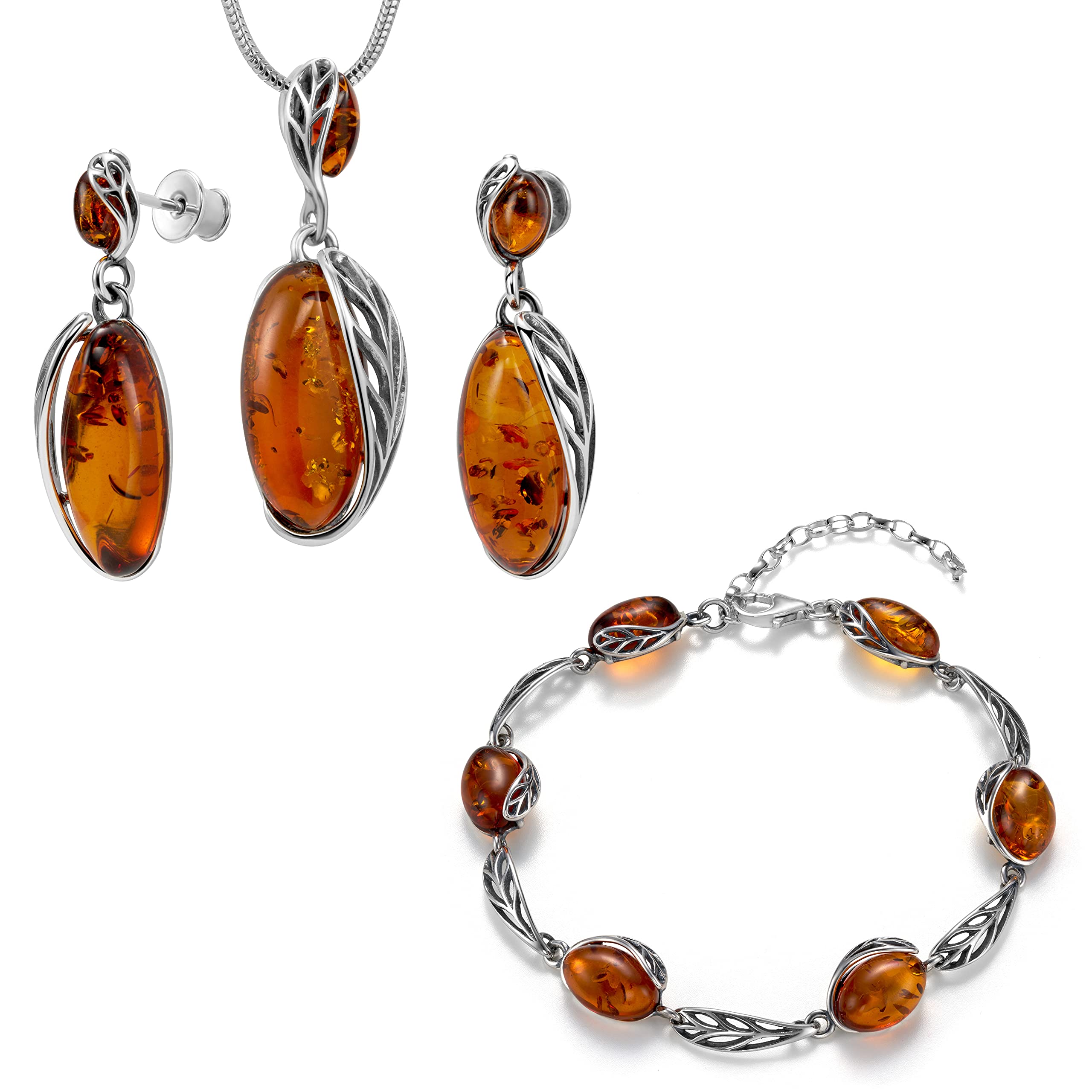 Copal 3-Teiliges Damen Schmuckset Aus Sterlingsilber Mit Bernstein Halskette Ohrringe Und Armband
