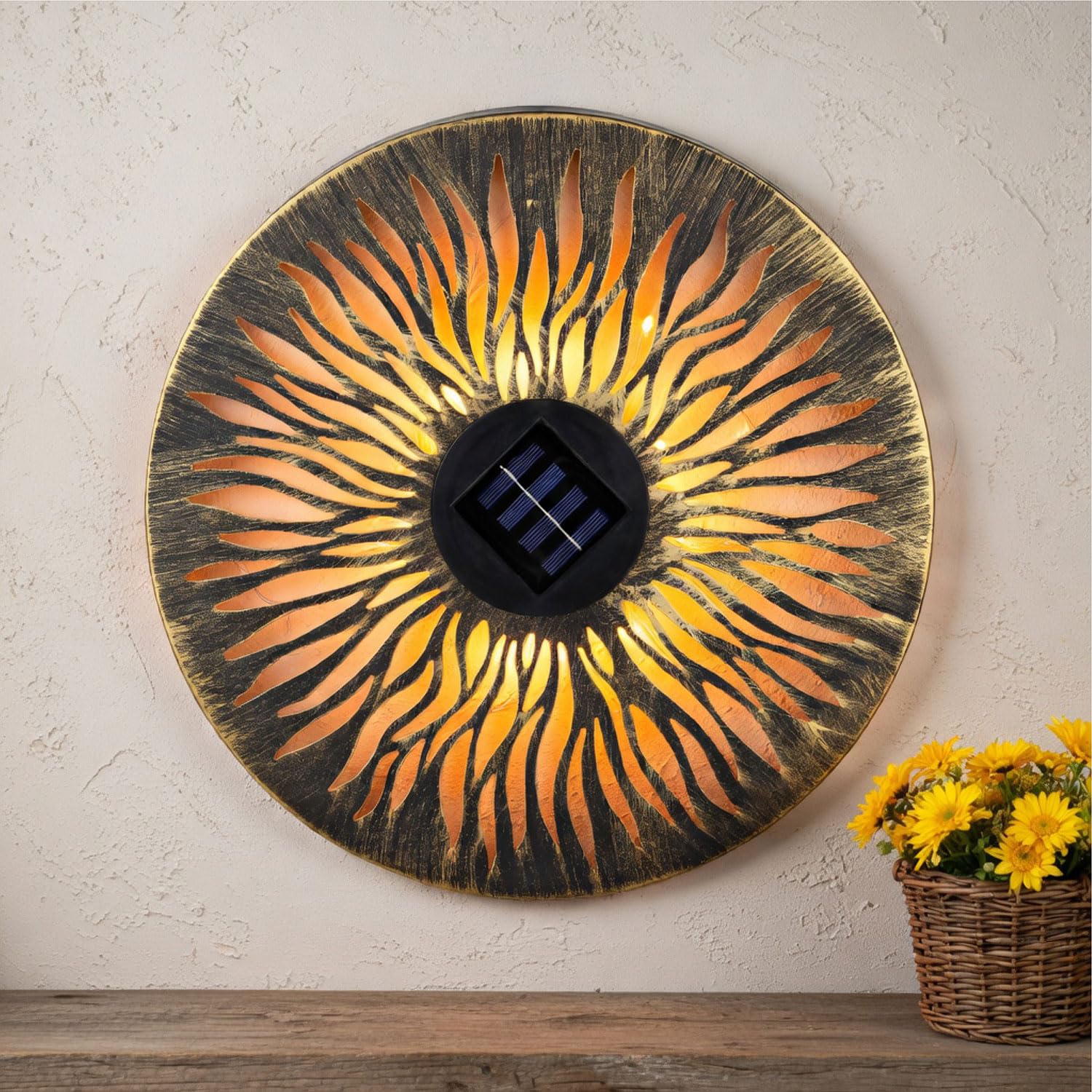 Livhome 38cm Solar Sun Wall Art LED Garden Light Outdoor Metal Hanging Decoration Patio Fence Balcony Yard Ornament Waterproof Warm White Lights