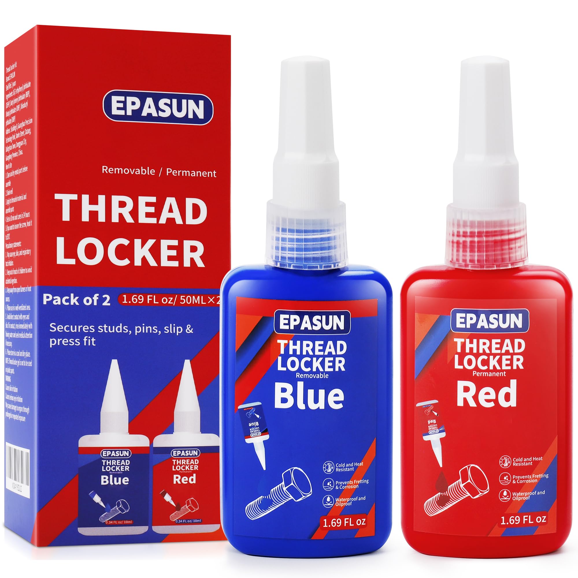 EPASUN Threadlocker Blue and Red, 50mlx2 Thread Lock Medium and Strong Strength Lock Tight for Nuts, Bolts, Fasteners, and Metals to Prevent Loosening and Corrosion
