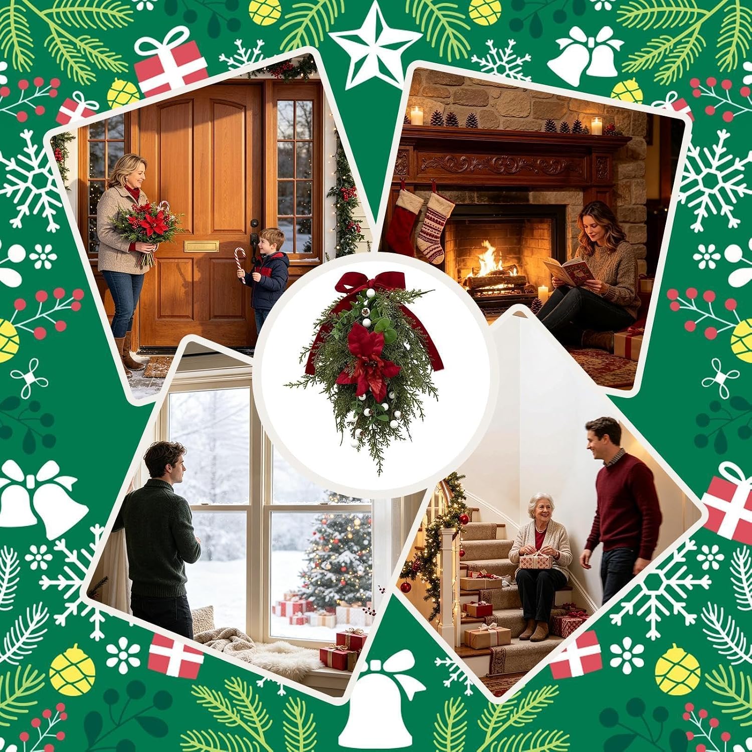 Christmas Door Swag - Artificial Berry Pine Needles, Velvet Bow Accent,