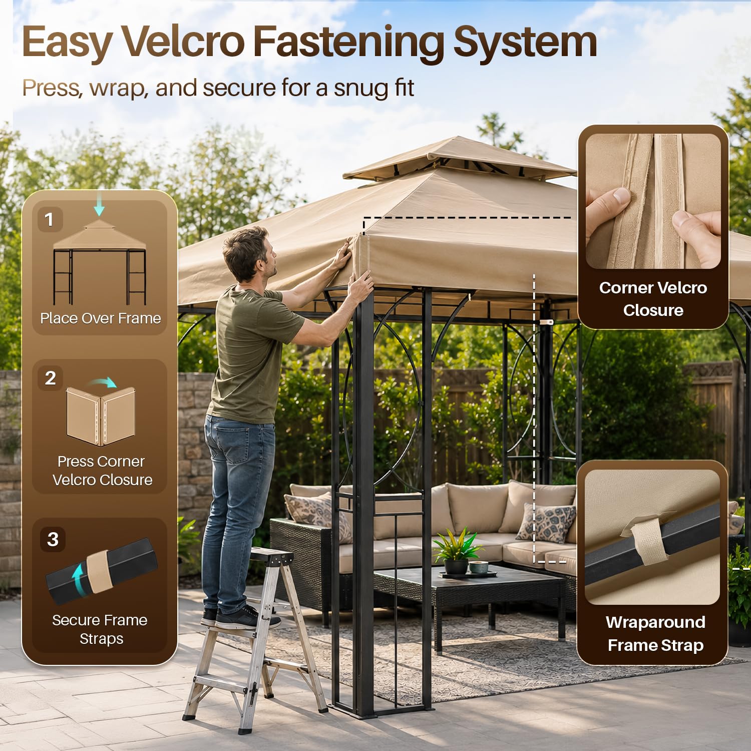 Flexzion Copertura di ricambio impermeabile per gazebo, 12 x 12 (3,6 m x 3,6 m), copertura per gazebo da esterno, doppio strato UV30, per tettoie, giardino, patio, tenda da cortile (beige)