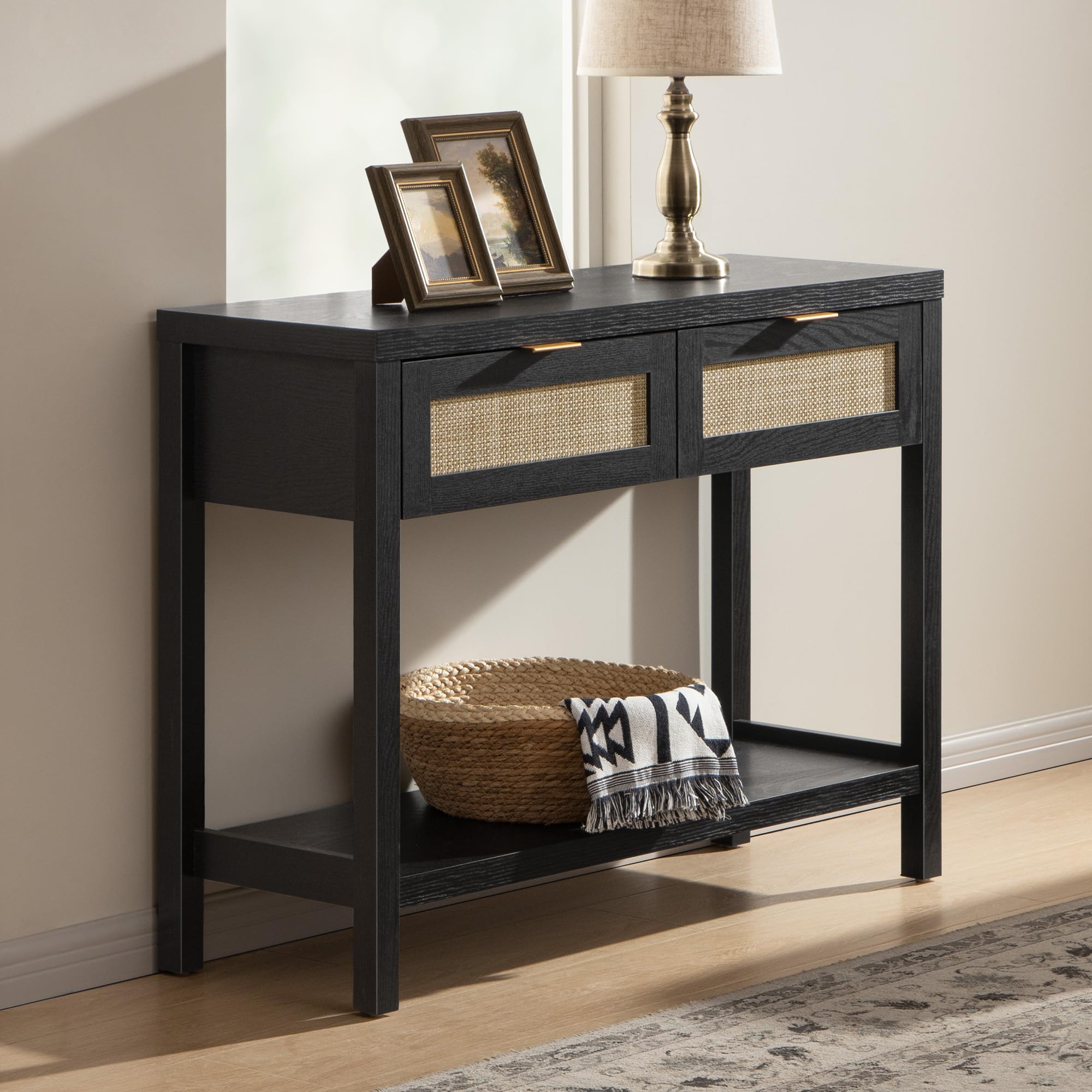 SICOTAS Black Console Table with Rattan Drawers - Boho Rattan Entryway Table with Storage, Small Console Tables for Entryway, Entry Table for Hallway, Sofa TableThe Forest Stewardship Council