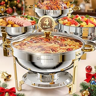 WARMOUNTS Gold Chafing Dishes for Buffet with Glass Lid (5QT, 4Pack), Round Chafers and Buffet Warmers Set with Mirror-Polished Stainless Steel, Rolled Rim, Stackable, Lid Holder for Parties, Weddings