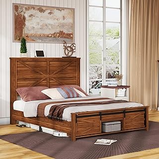 AMERLIFE 48.8" Full Size Farmhouse Engineered Wood Bed Frame with Sliding Barn Door Storage Cabinets and Headboard,Solid Wood Slats Support,No Squeak, No Box Spring Needed,Rusric Brown