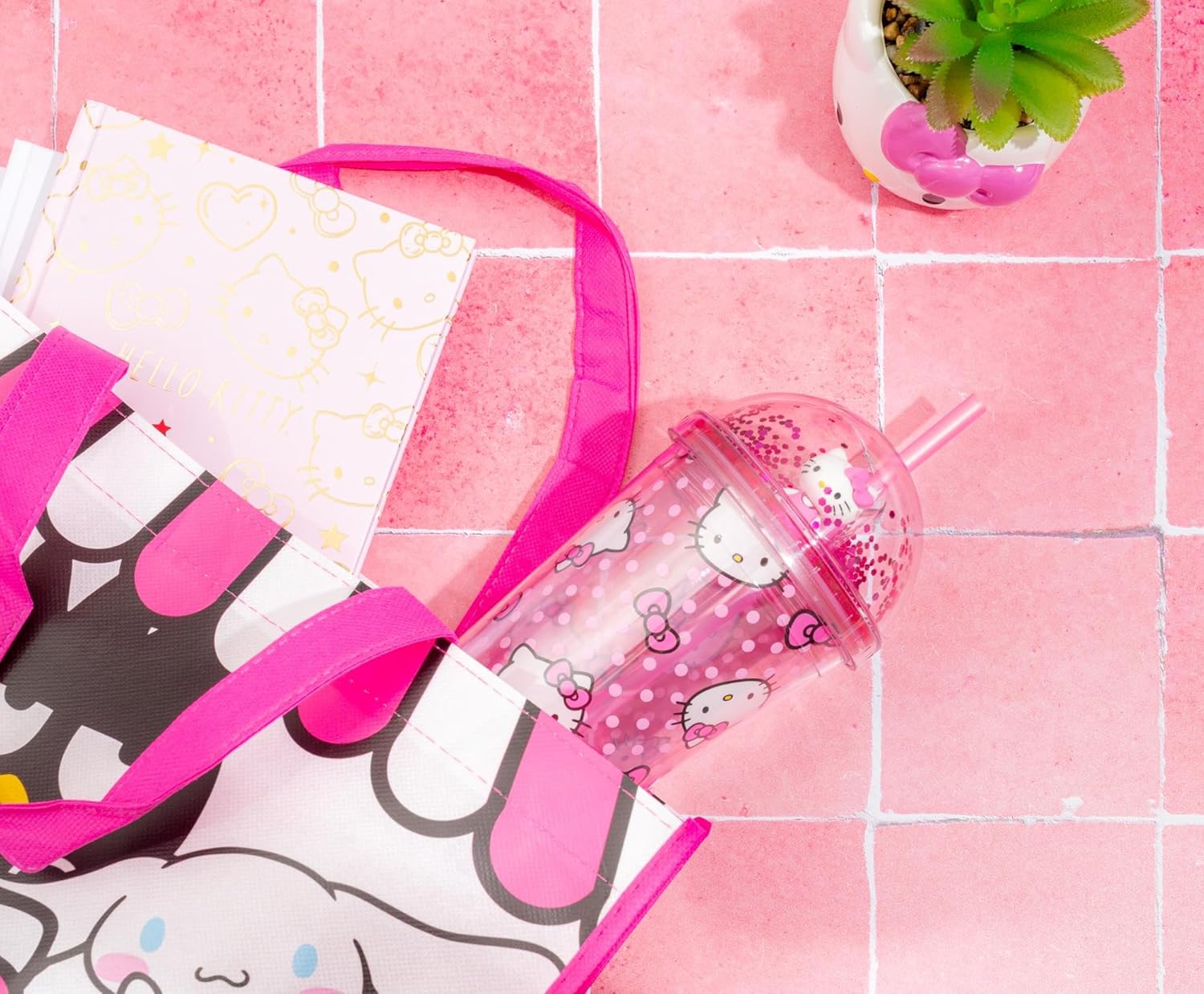 Silver Buffalo Sanrio Hello Kitty Pink Polka Dots and Bows Dome Glitter Top Travel Tumbler, 24 Ounces - Image 7