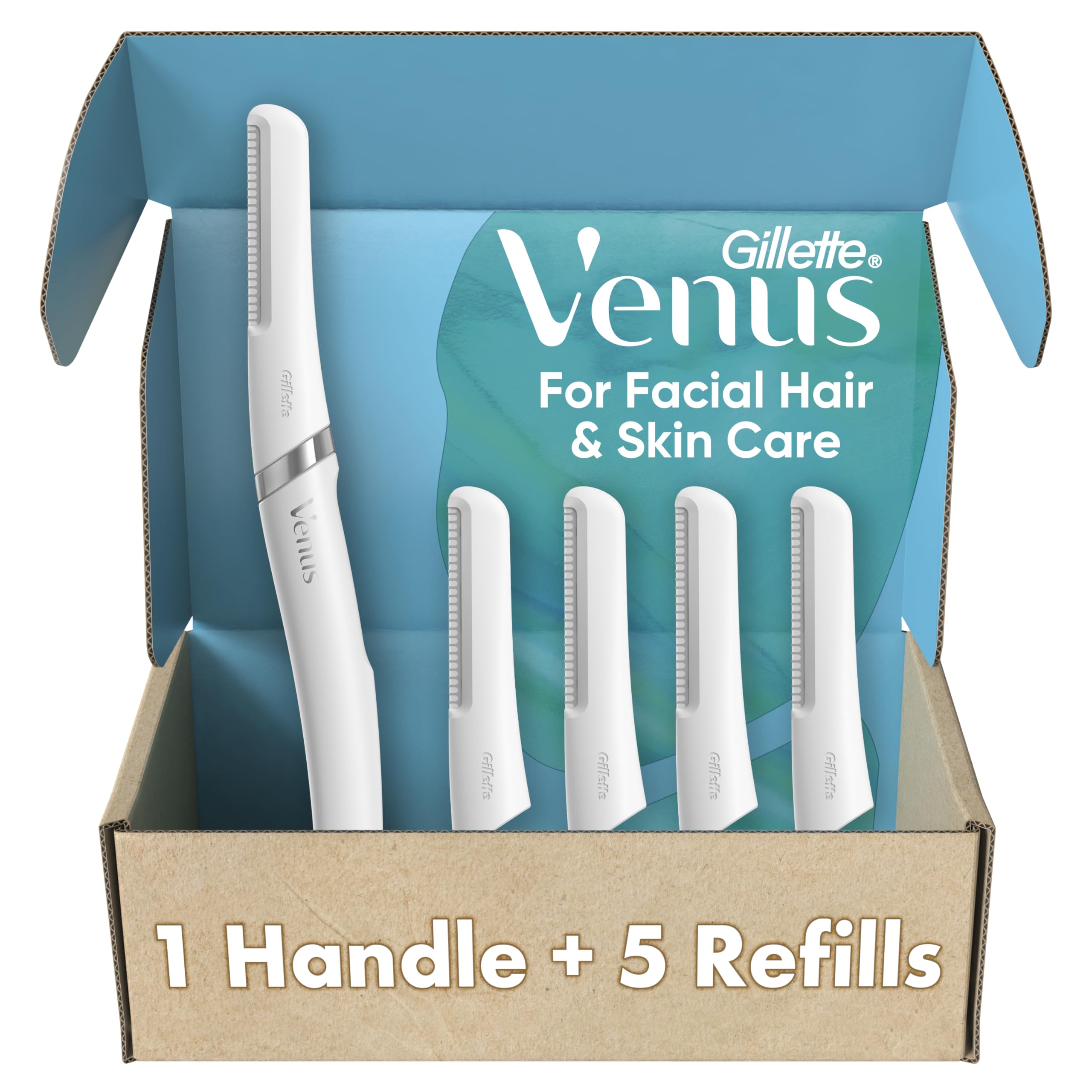 Gillette Venus Facial Razor, Exfoliating Dermaplaning Tool for Face, Replaceable Refills, Removes Fine Facial Hair, Exfoliates Dead Skin, Skin Defense Guard, Handle with 5 Blade Refills