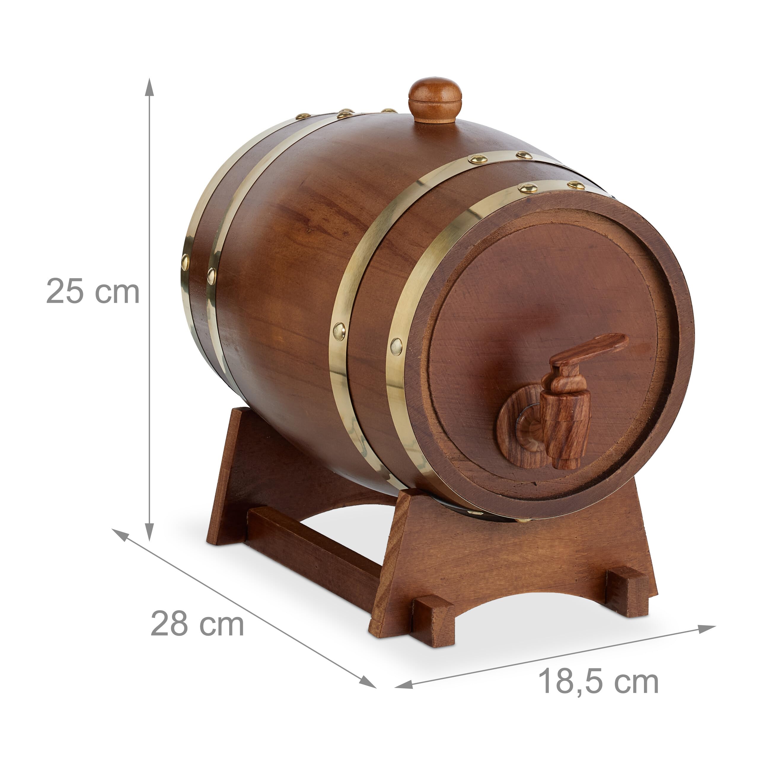 Relaxdays Tonneau en Bois, 2,2 L, fût avec Support et Robinet, vin & spiritueux, Distributeur décoratif, Marron foncé