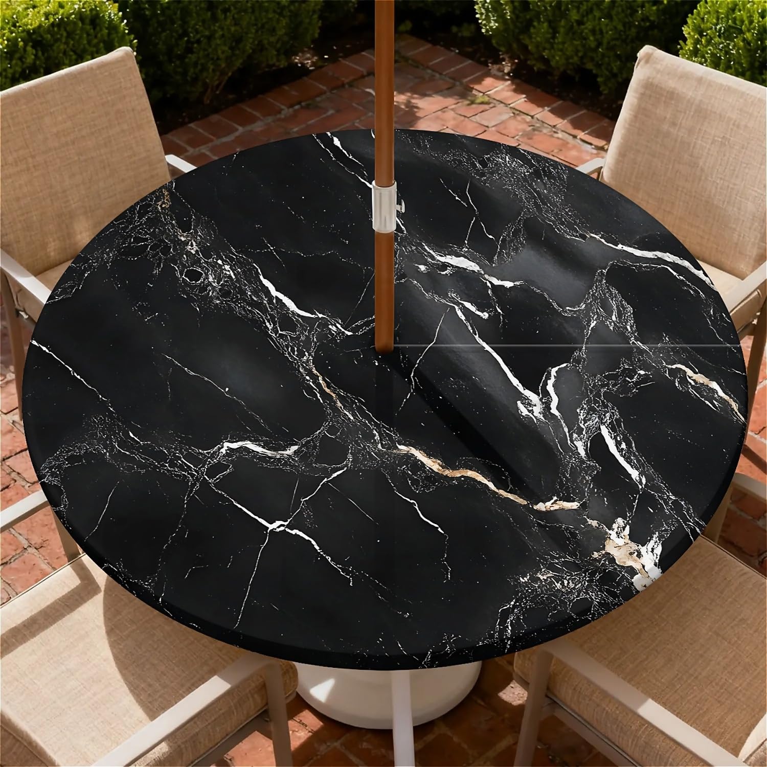 artslion Outdoor Round Table Cloth with Umbrella Hole & Zipper, Fitted Table Cover Elastic Edge Waterproof Tablecloth for Garden Patio & Dining Table (36" Black Marble