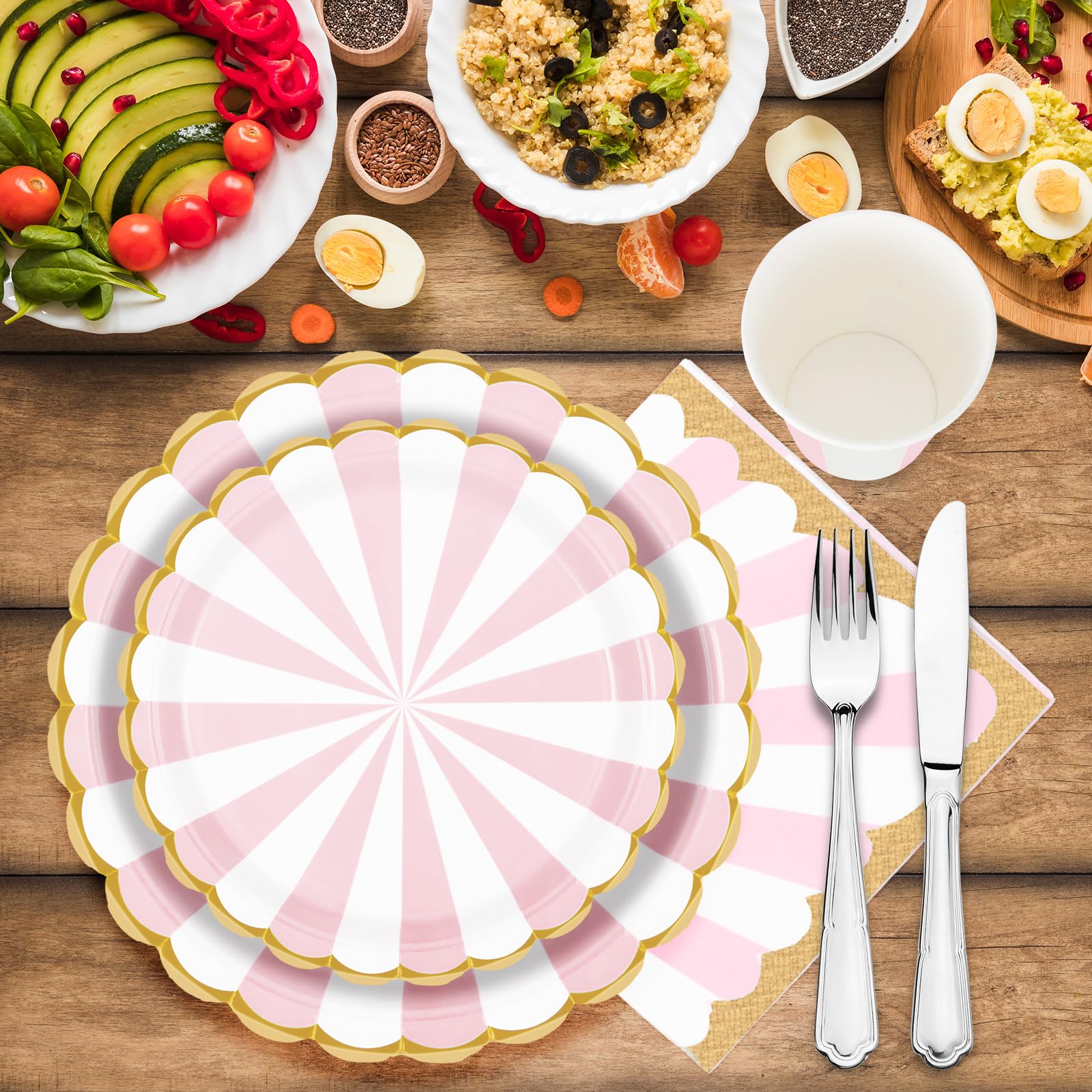 Set Stoviglie Per Feste 96 Pezzi | Motivo Righe Rosa E Bianco, Tema Circo, 24 Ospiti - Foto 11