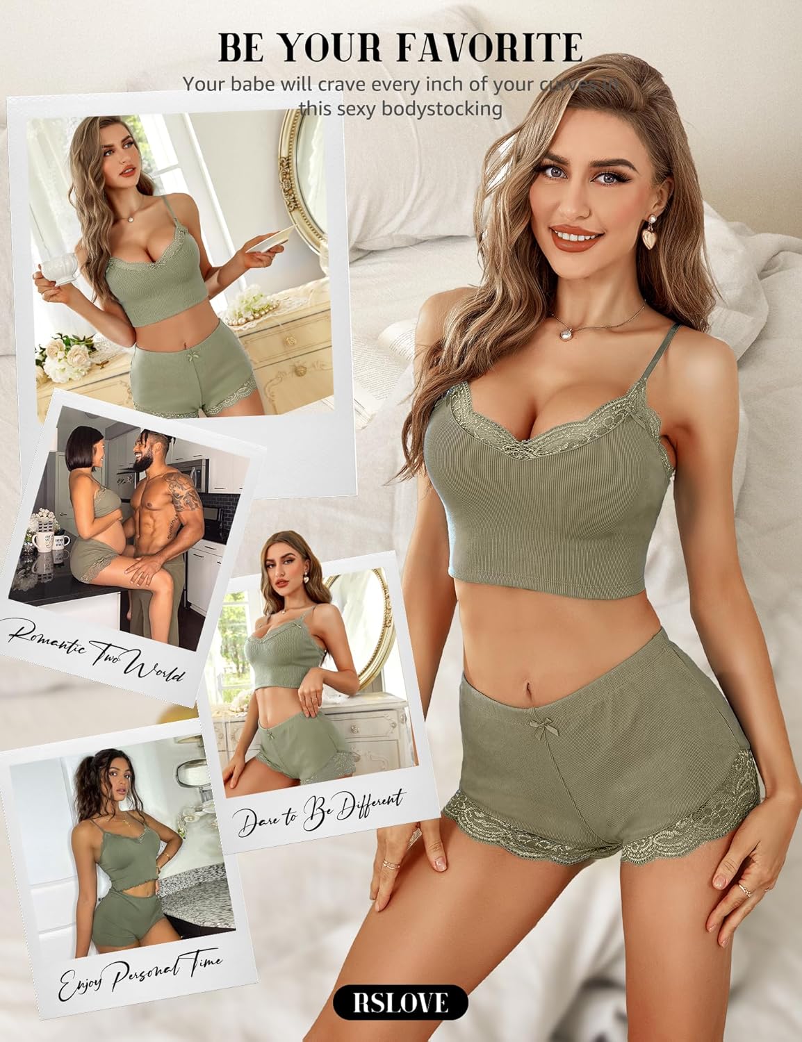 RSLOVE Pajamas Set Women's V-Neck Sleeveless Sleepwear PJ Set Soft Lace Cami Set with Short Pants Nightwear - Image 4