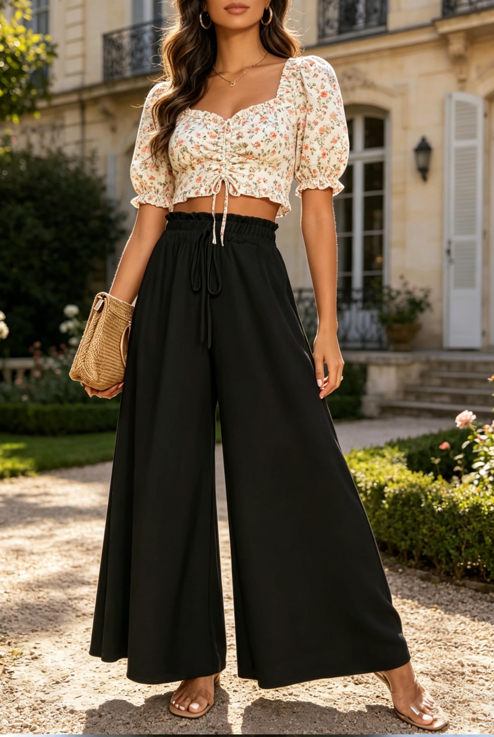Pantaloni a Gamba Larga Donna Estivi Vita Alta Leggero Motivi Eleganti in Tessuto Pantaloni con Tasche Casual Pantaloni Boho Beach Larghi Leggeri