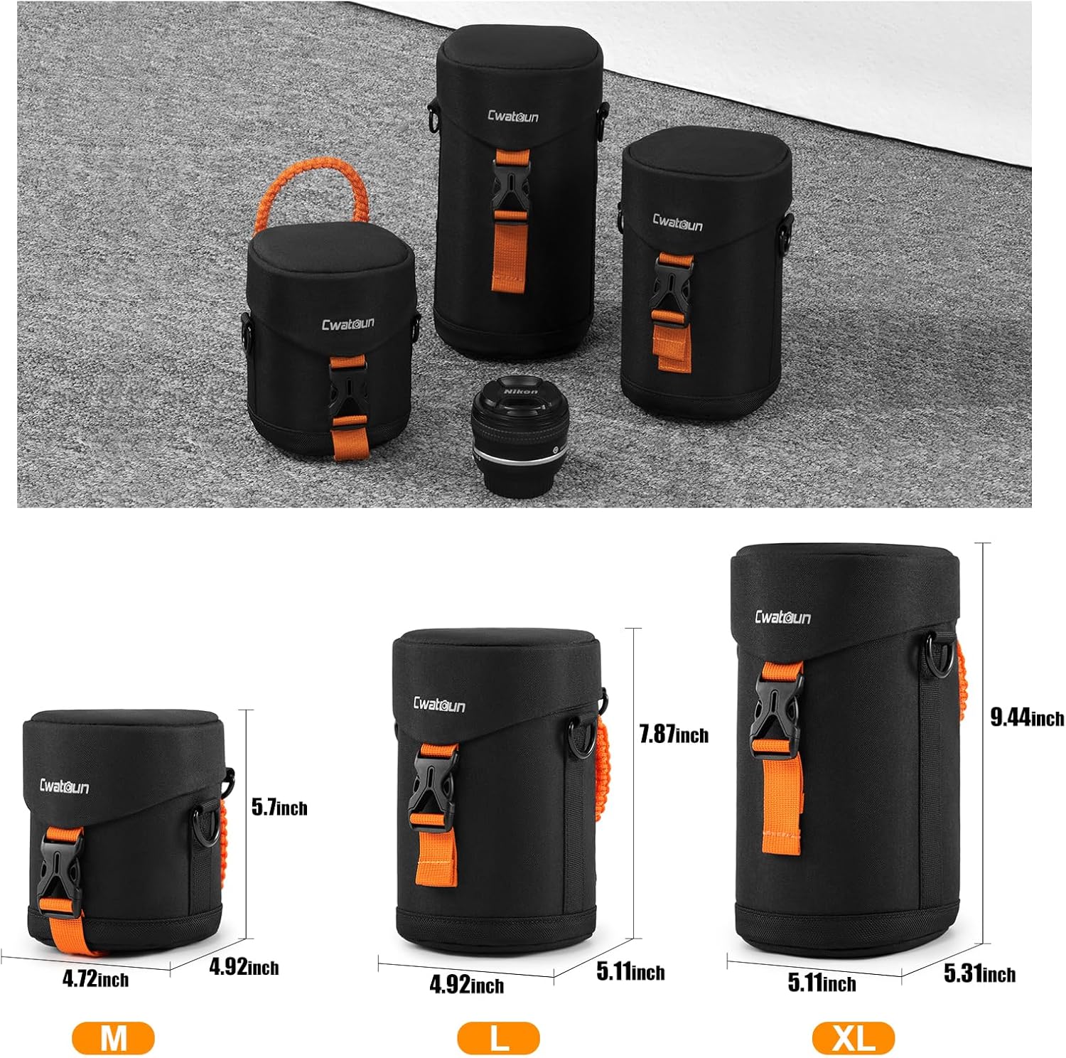 Cwatcun Camera Lens Case, Hard Case Shockproof DSLR Camera Lens Pouch with Shoulder Strap, Water Resistant Camera Lens Bag for Nikon, Sony, Fuji, Canon and Other Lens Below 3.03" x 5.71"(D x L) - Image 8