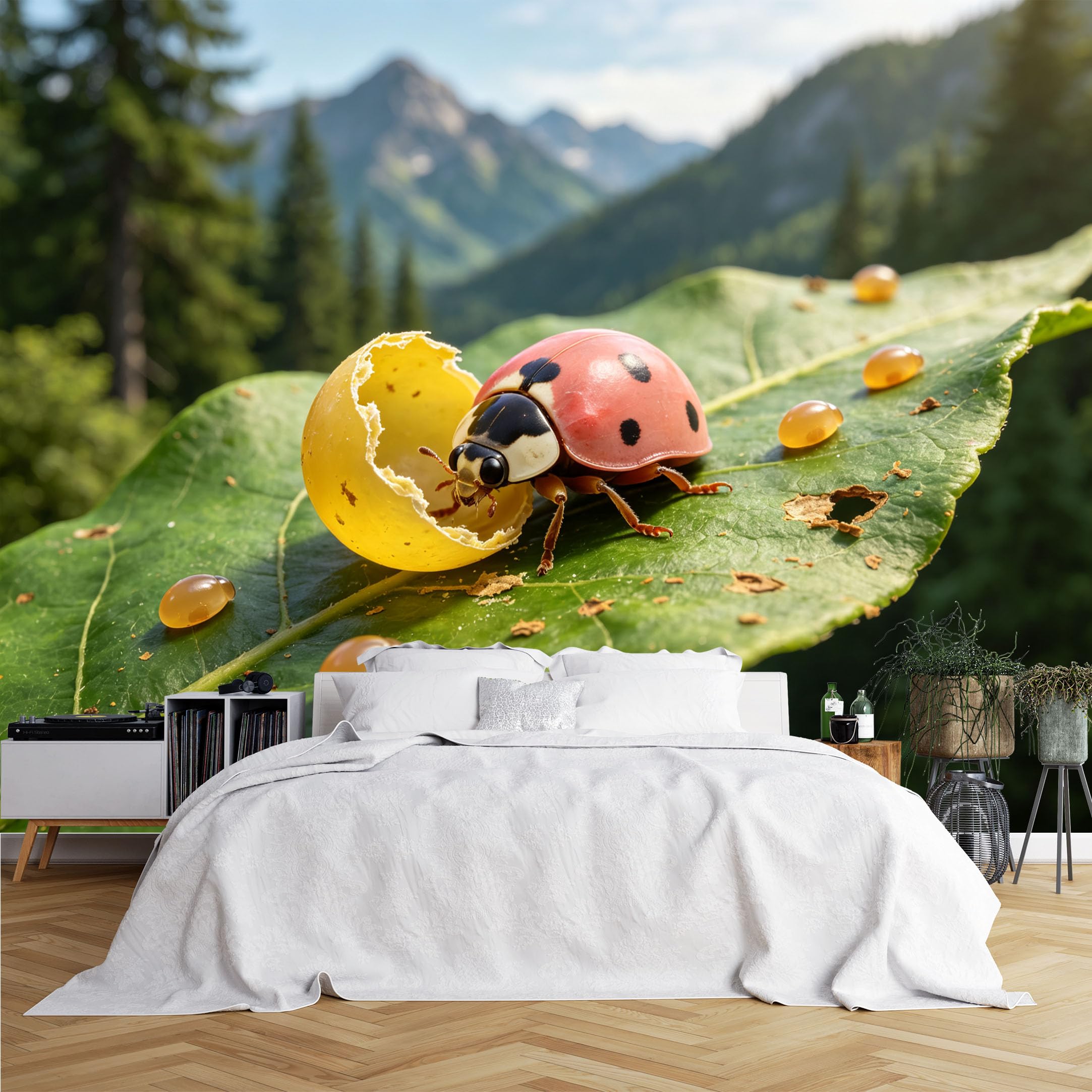 Lcythiazole Ch260615078 Custom Size Wall Murals Ladybug Hatched Egg Leaf Mountain View Wall Murals Large Photo Wallpaper Self-Adhesive Removable Wallpaper For Kids Bedroom