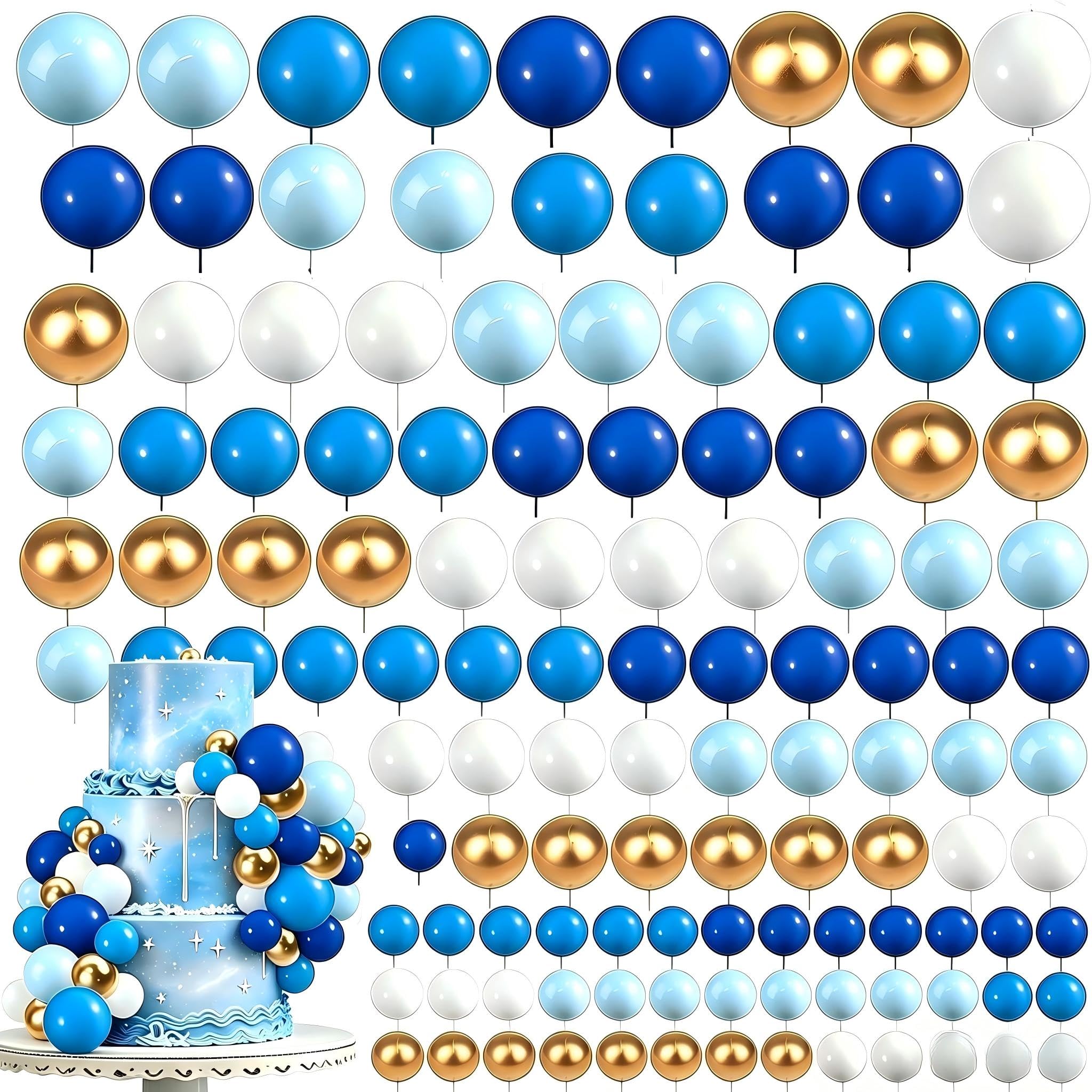 113-Piece Ball Cake Topper Set – Round Foam Cake Decorations in Light Blue, Sky Blue, Deep Blue, White, and Gold with Sticks; Mini Balloon-Style Cake Accessories for Weddings and Birthday Parties