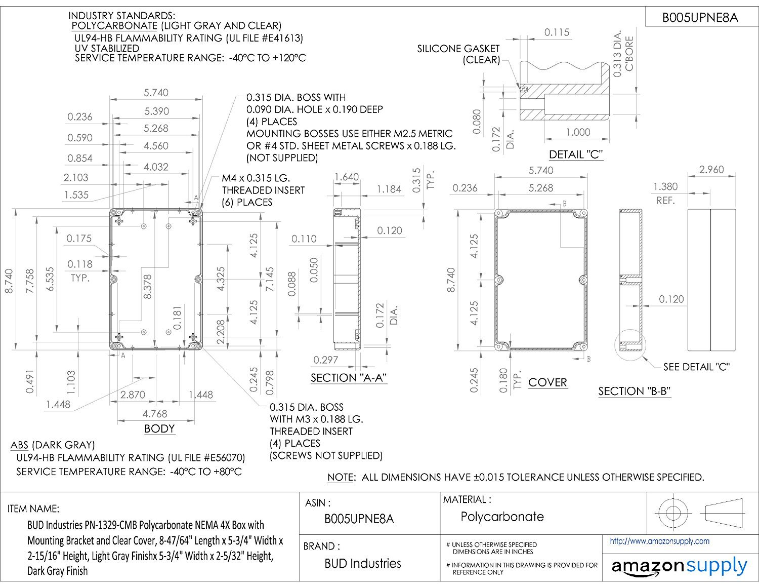 BUD Industries PN-1329-CMB Polycarbonate NEMA 4X Box 8.75" L x 5.75" W x 2.95" H, Gray