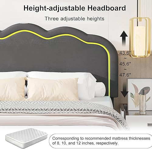 Miniatura 51 de VECELO Base de cama tapizada de tamaño individual con cabecero ajustable, luces LED, USB-A y tipo C, plataforma de terciopelo sin ruido, base de