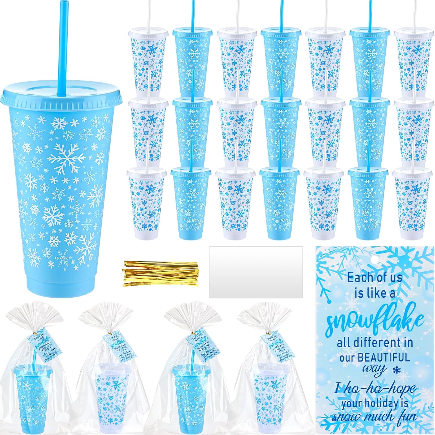 Willinglong 24 Pack Snowflake Employee Appreciation Gift Tumblers Bulk Plastic Cup with Lid Straw 24 oz Snowflakes Cups with Cards Each of Us Is Like a Snowflake Each with Its Own Beauty