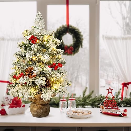 Miniatura 2 de Árbol de Navidad Uten Acoplado de Nieve Pequeño, Conos de Pino RedondosFrutas Rojas, 40 LED Impermeables Caja de Batería con Base de Cemento Mini
