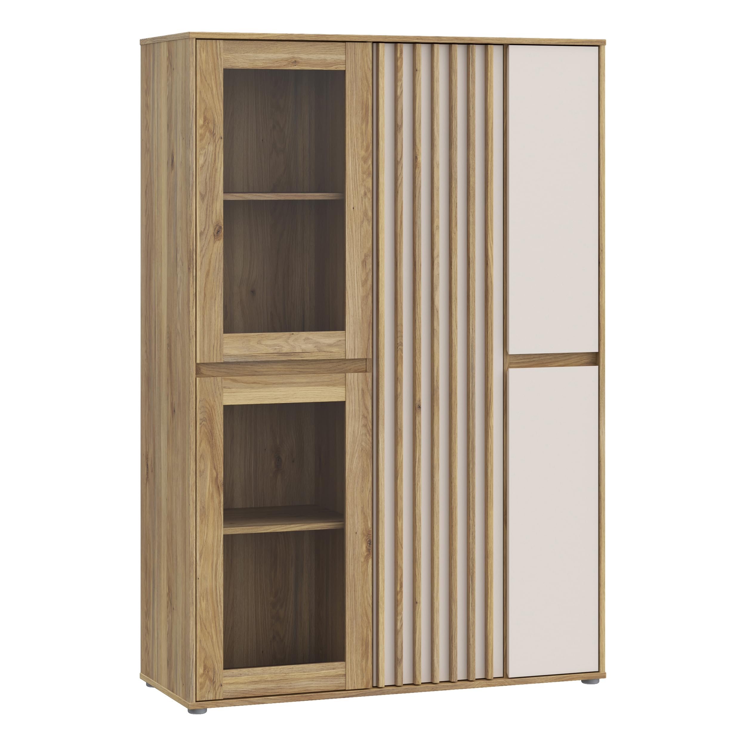 Forte ELISTON Vitrine 100 110, moderner Schrank mit Lamellendesign, 5-türig, Wohn-/Schlafzimmer, Mauvella Eiche Holzdekor|Kashmir Beige, 109,3 cm breit x 161,7 cm hoch x 41,5 cm tief