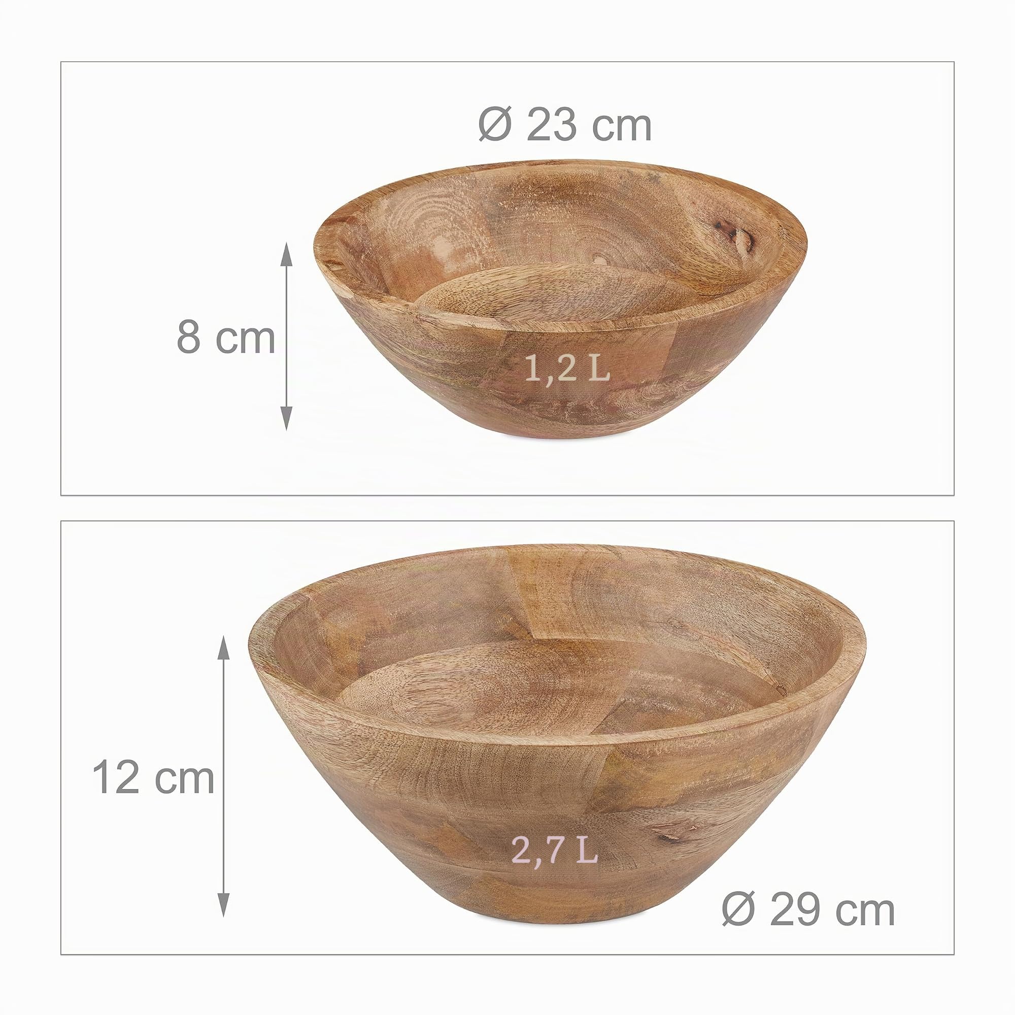 Relaxdays Juego de 2 Ensaladeras de Madera de Mango, Cuencos Redondos para Ensalada, Fruteros Ø 23 y 29 cm, Marrón