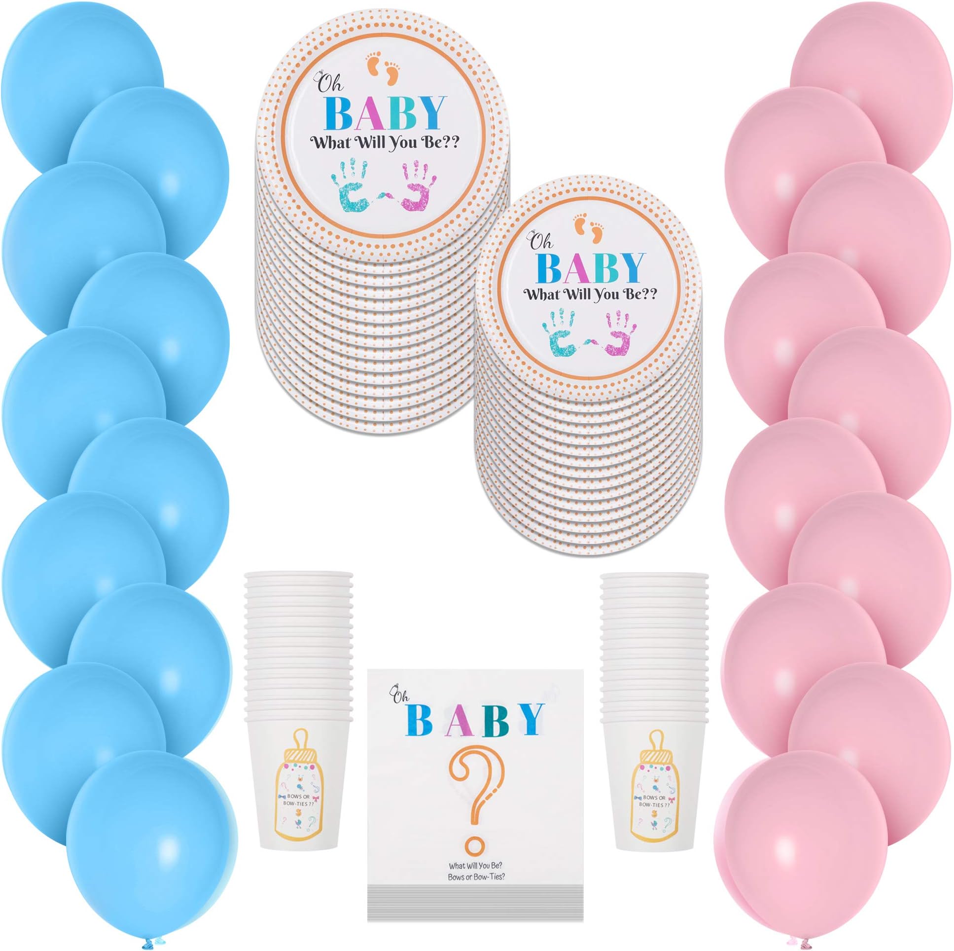 Gender Reveal Party Supplies and Tableware Set For 30 Guests Gender Reveal Decoration Set with Plates, Cups, Napkins, Pink and Blue Balloons