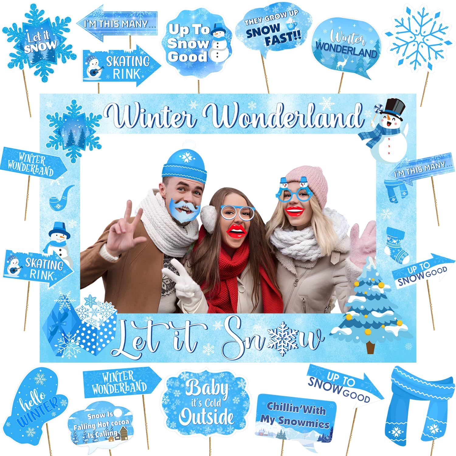 Winter Wonderland Decorations Large Photo Frame and 20Pcs DIY Selfie Photo Props Kit Winter Theme Photo Booth Props for Christmas Holiday Party Supplies