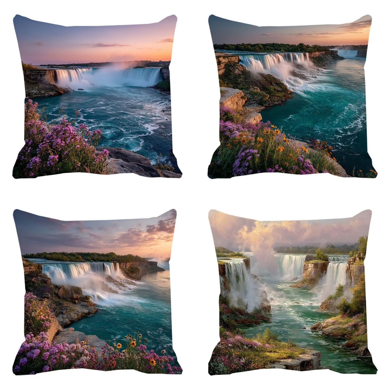 Poszewki na poduszki 60 x 60 cm, zestaw 4 szt. na zewnątrz dekoracyjne poduszki wodoodporne lniane poduszki na sofę poszewki na poduszki z miękkim oddychającym zamkiem błyskawicznym, krajobraz
