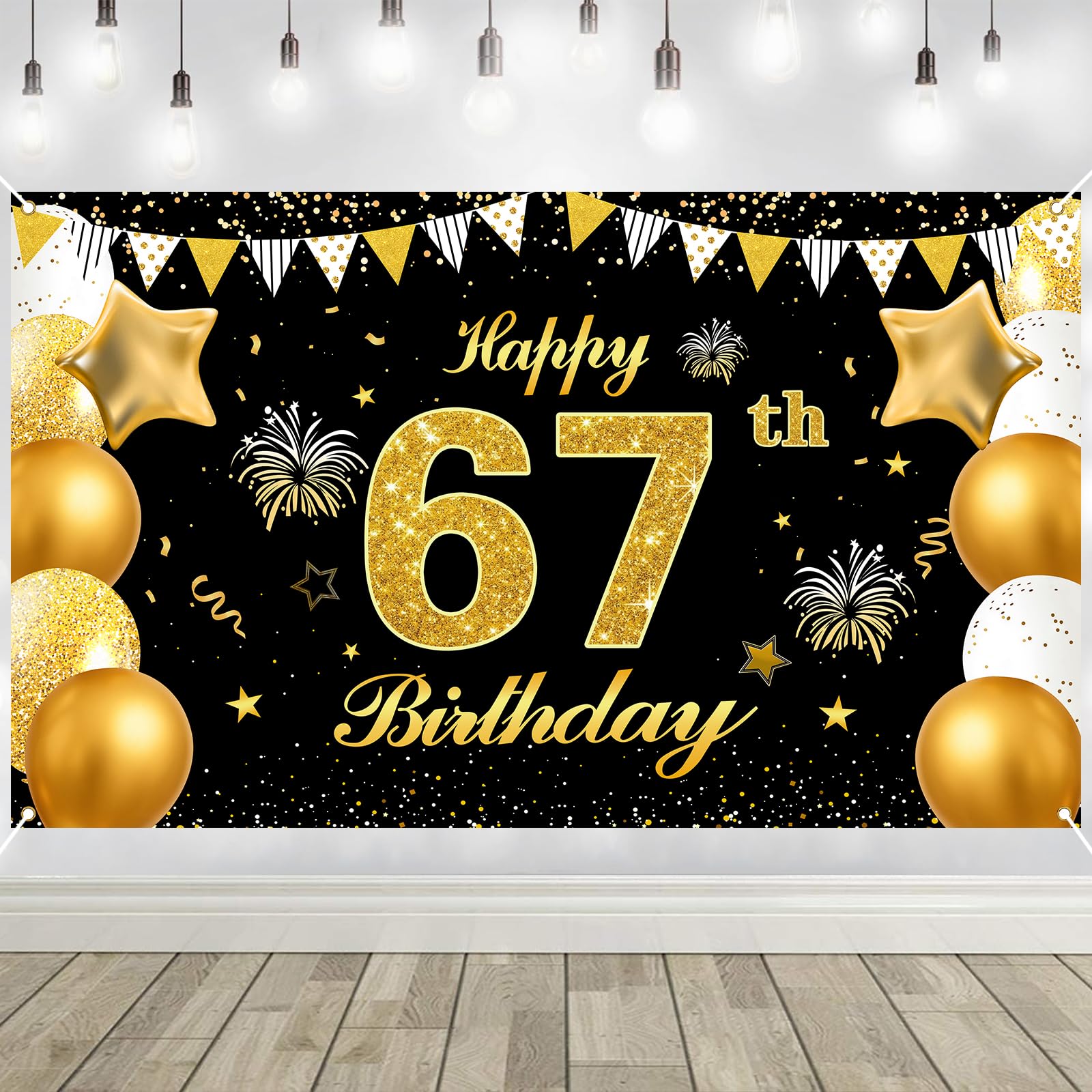 67th Birthday Decorations Banner Gold Black Happy Birthday Door Banner for Party Photo Backdrop for Men Women Home Outdoor Cover Party Decoration Supplies Poster — image 1