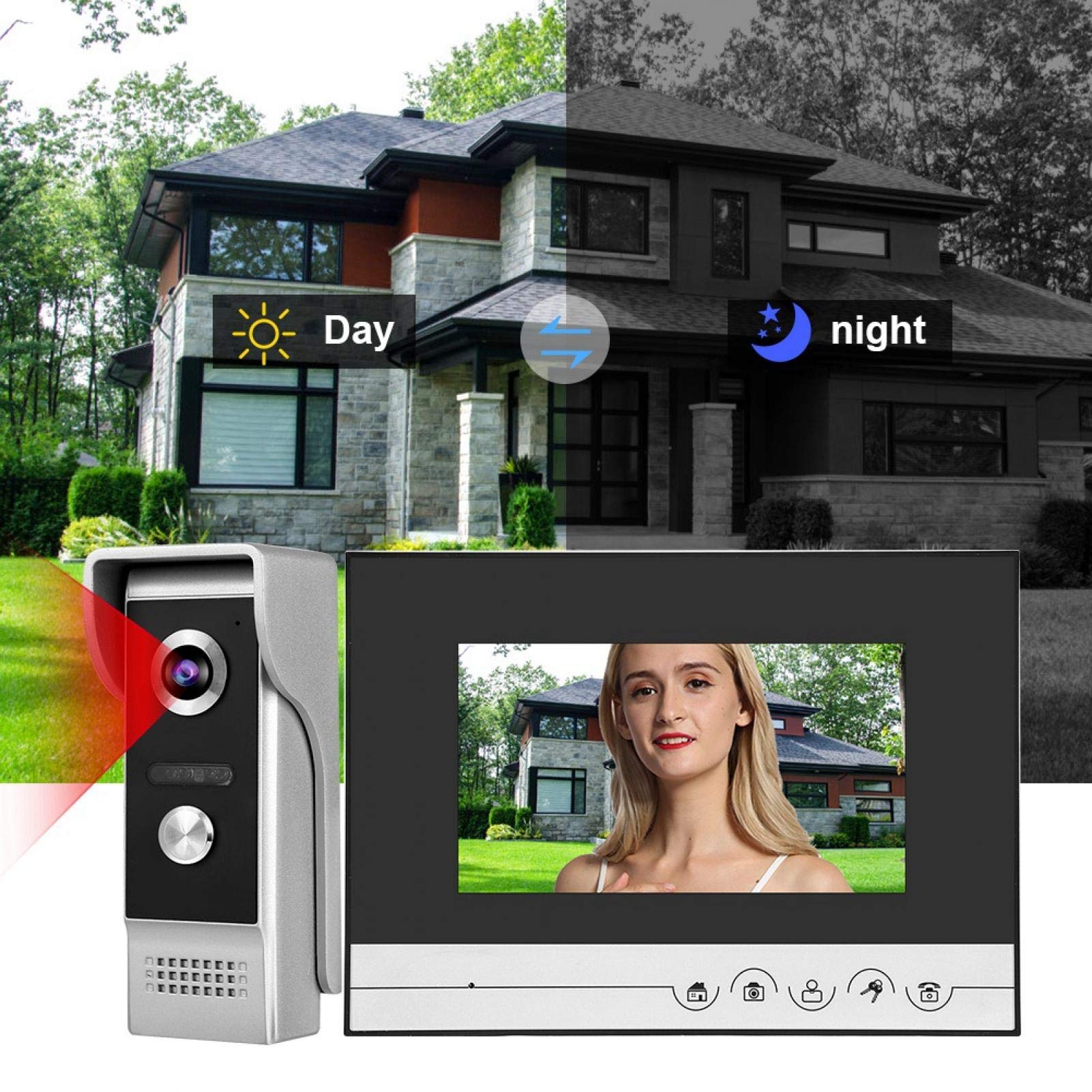Videocitofono Videocitofono da 7 pollici Monitor LCD Videocamera per visione notturna Kit campanello con cavi di collegamento per appartamento da casa, 12 accordi Suoneria(Unione Europea)