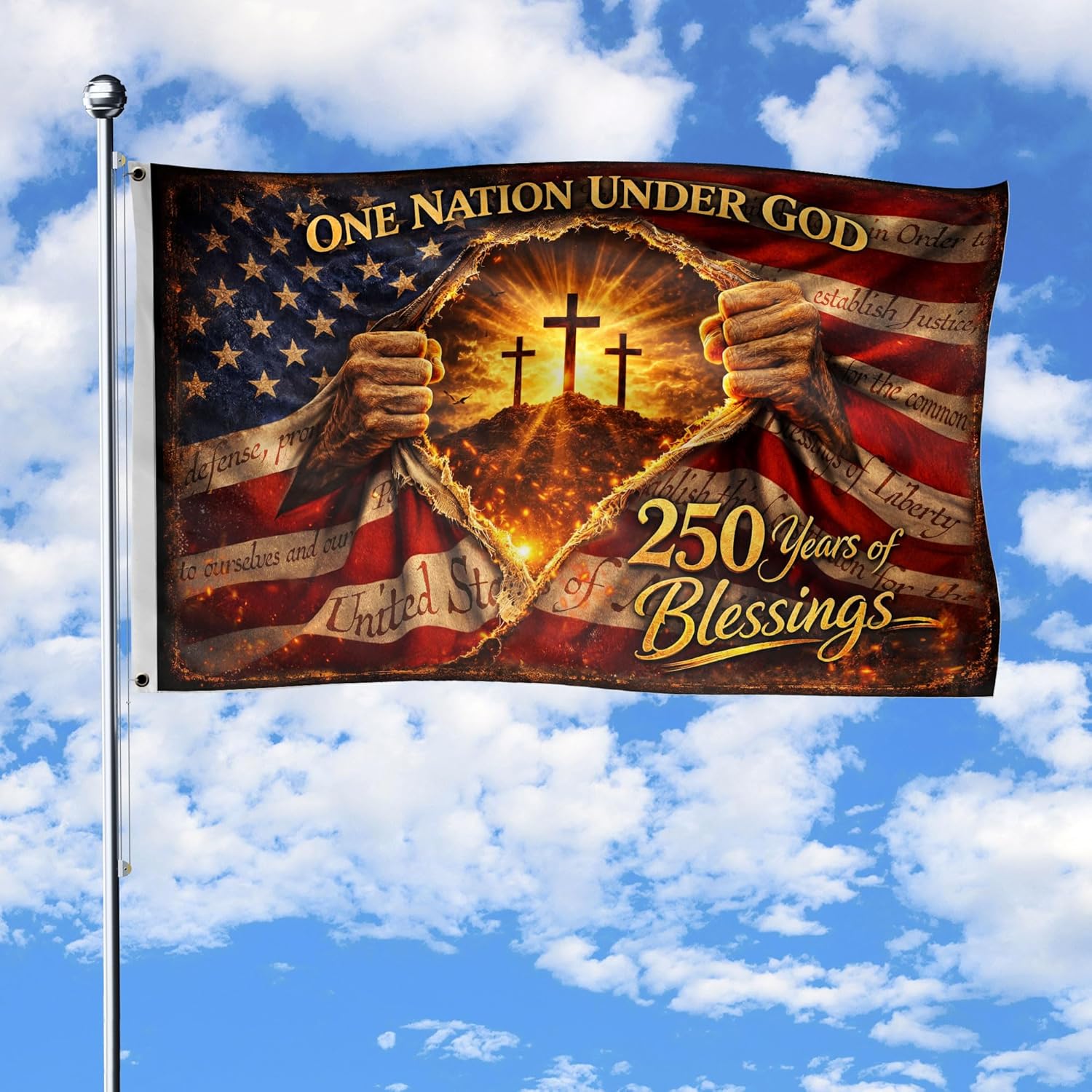 One Nation Under God Flag With Brass Grommets, 1776-2026 Commemorative Banner, Christian Patriot American Flags, 250 Years Of Blessings Flag 3x5 Ft, Patriotic Cross Design Decor House, Double-sided Printing 2