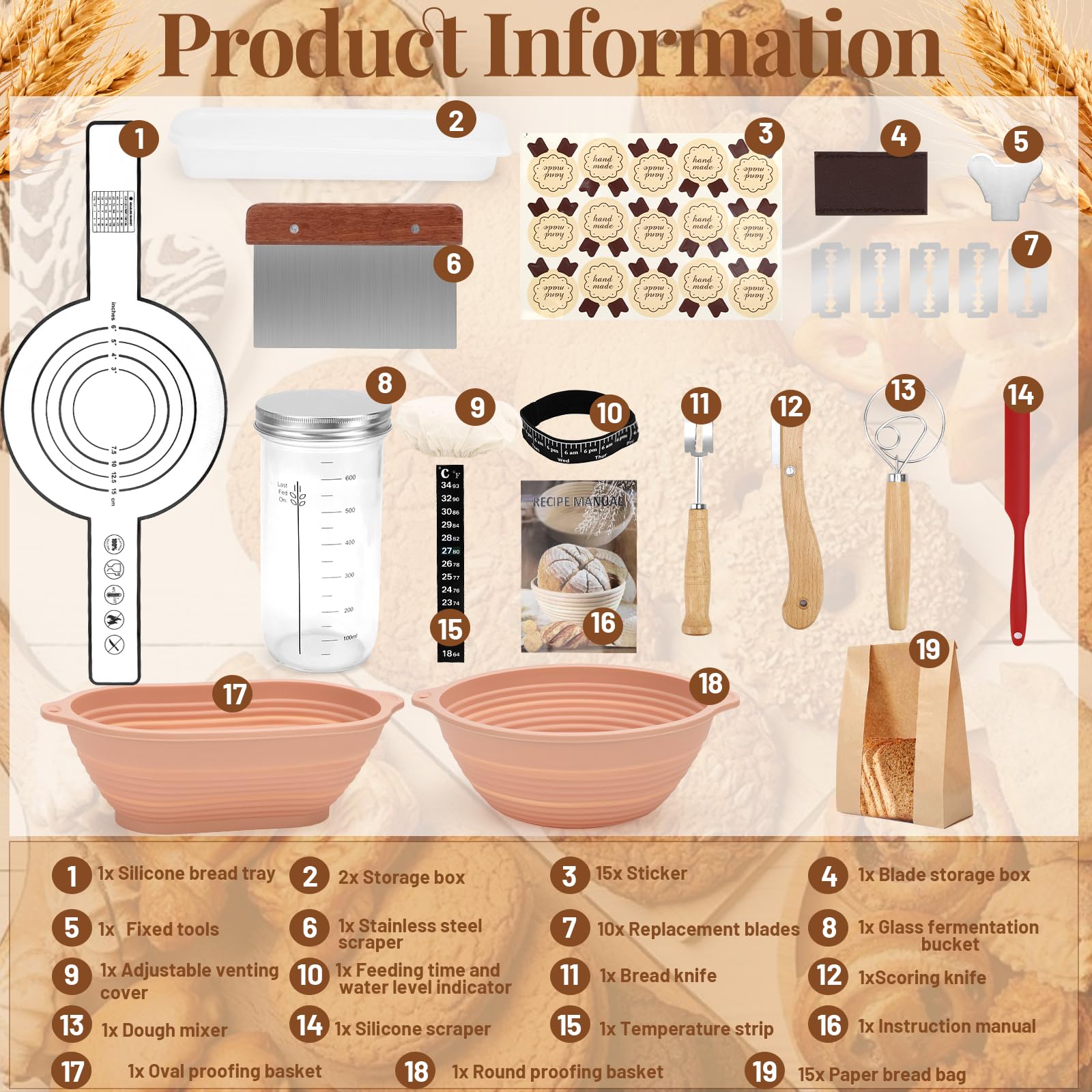 IIRC Juego de iniciación de masa madre con cesta de fermentación para pan, cesta de fermentación de silicona (ovalada de 28,8 cm y redonda de 25,8 cm) y accesorios para principiantes