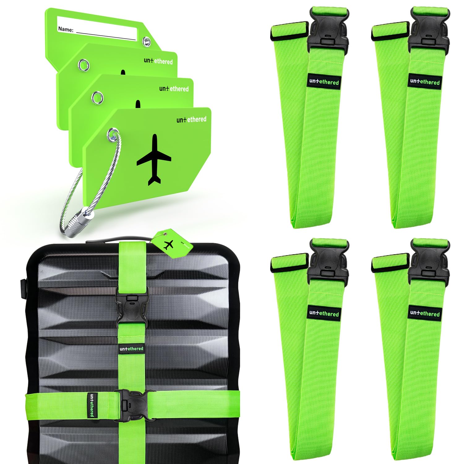 Untethered Ultimate Travel Set: 4 Premium Luggage Straps and 4 Silicone Tags - Secure & Identify Your Bags with Ease (Green + Tags)