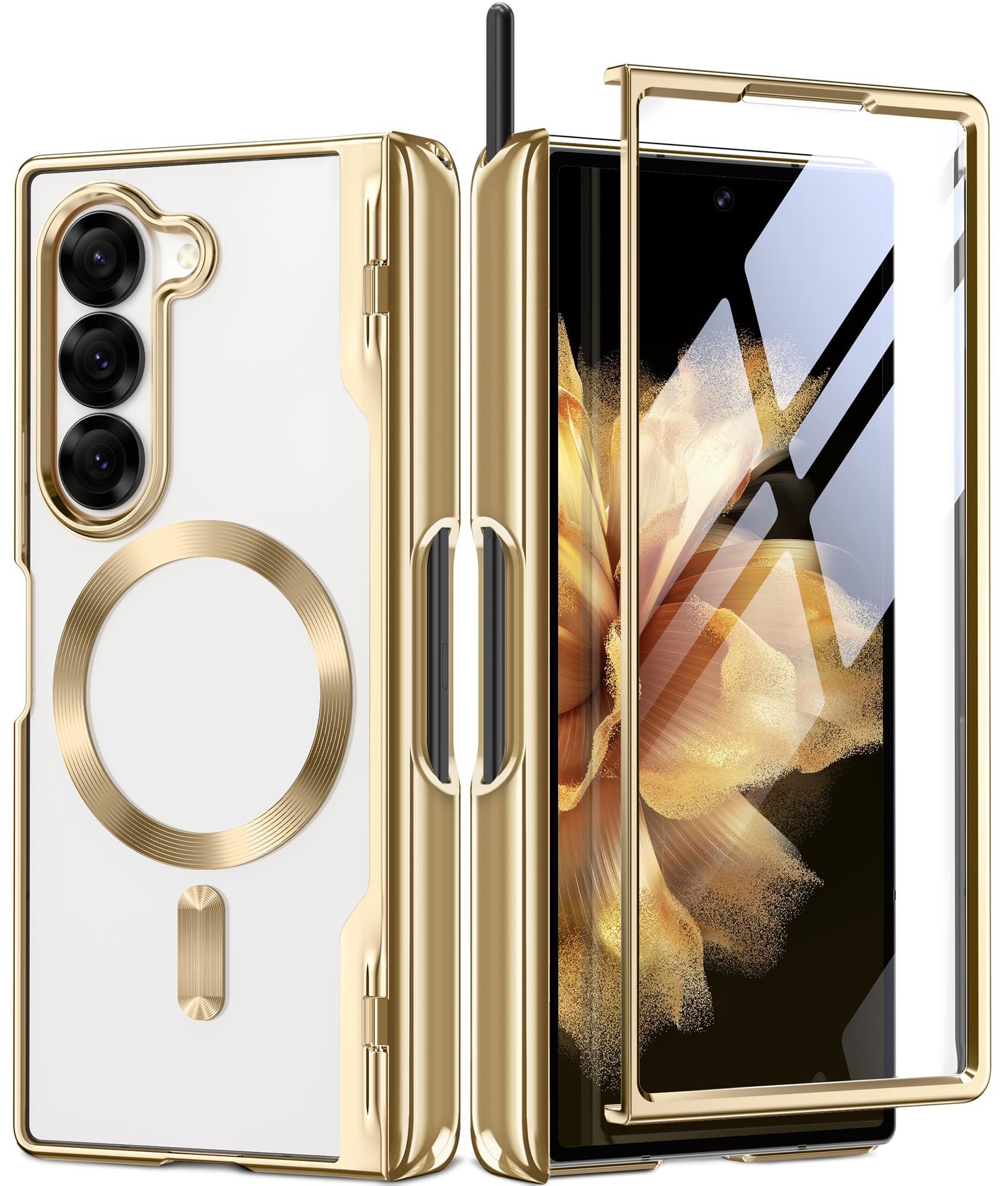 BERFY Upgraded Magnetic for Z Fold 6 Case with S Pen Holder, Compatible with Magsafe,[Built-in Screen Protector & Hinge Protection] Full-Body Plating Slim Phone Case for Samsung Galaxy Z Fold 6, Gold