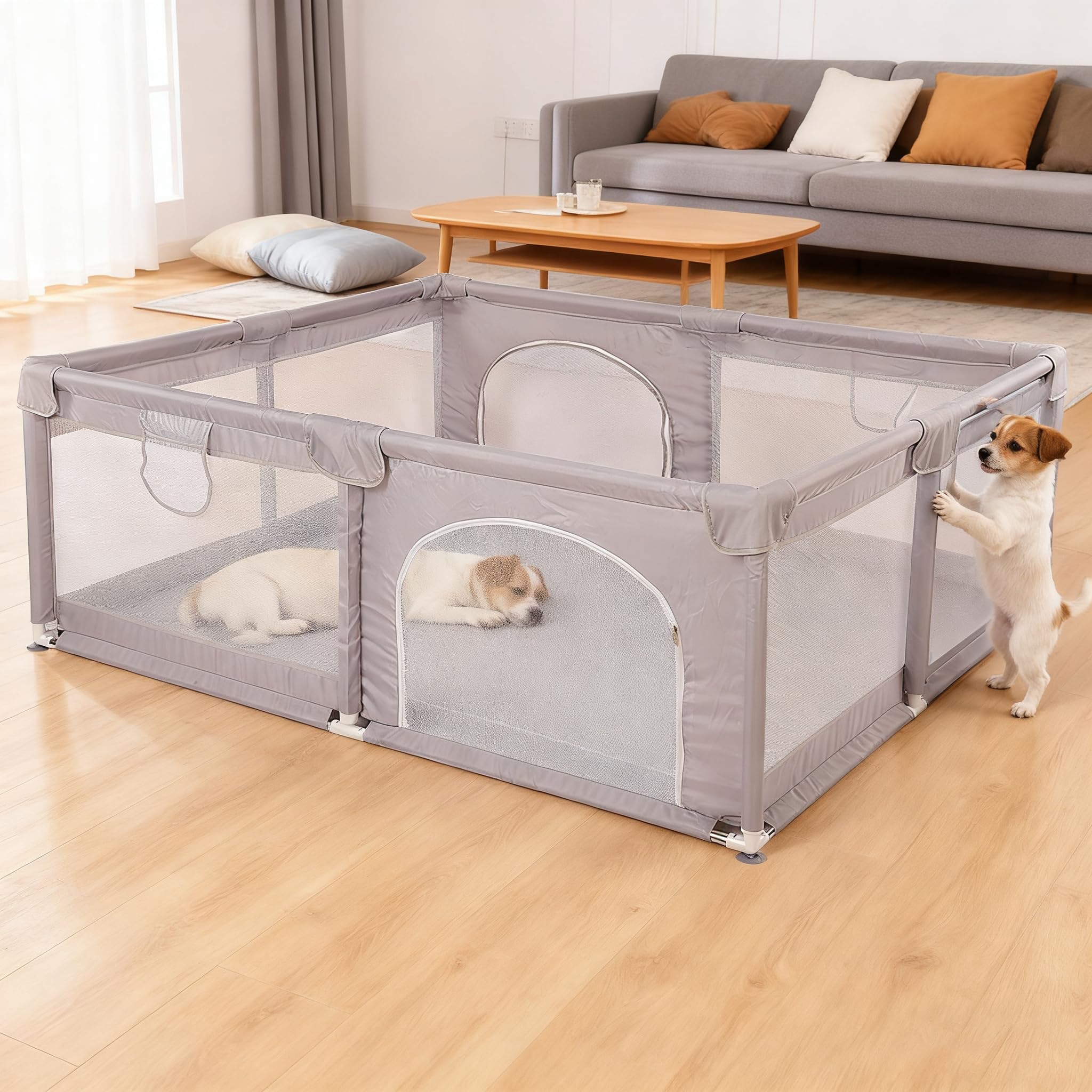Parque infantil plegable, parque infantil, rejilla con red transpirable para interior y exterior, parque y establos con puerta con cremallera, a partir de 0 – 48 meses, 150 x 180 x 62 cm