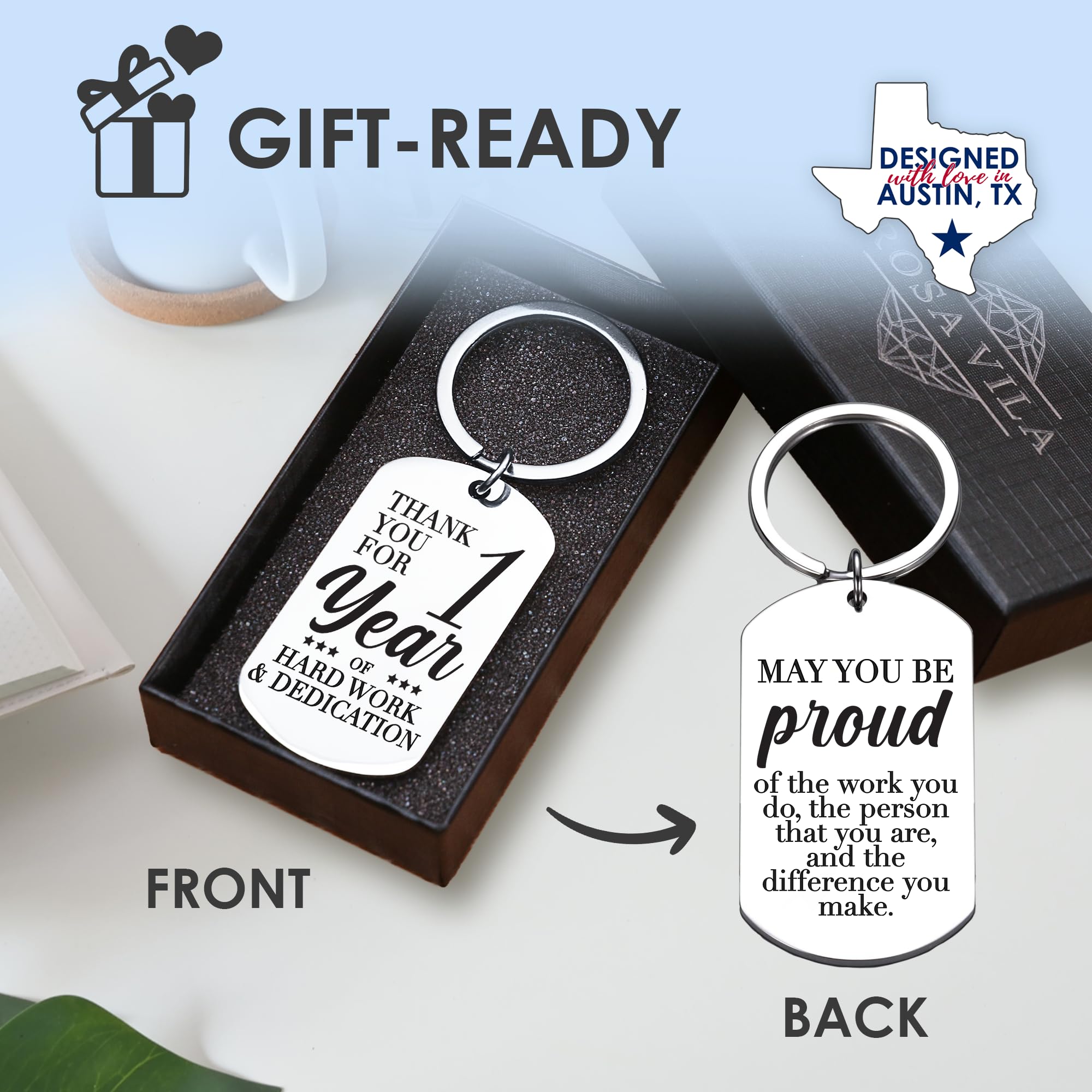 Rosa Vila Work Anniversary Keychain, Employee Gift for Work Anniversary, Coworker, 1-Year, 5-Year, 10-Year, 20-Year