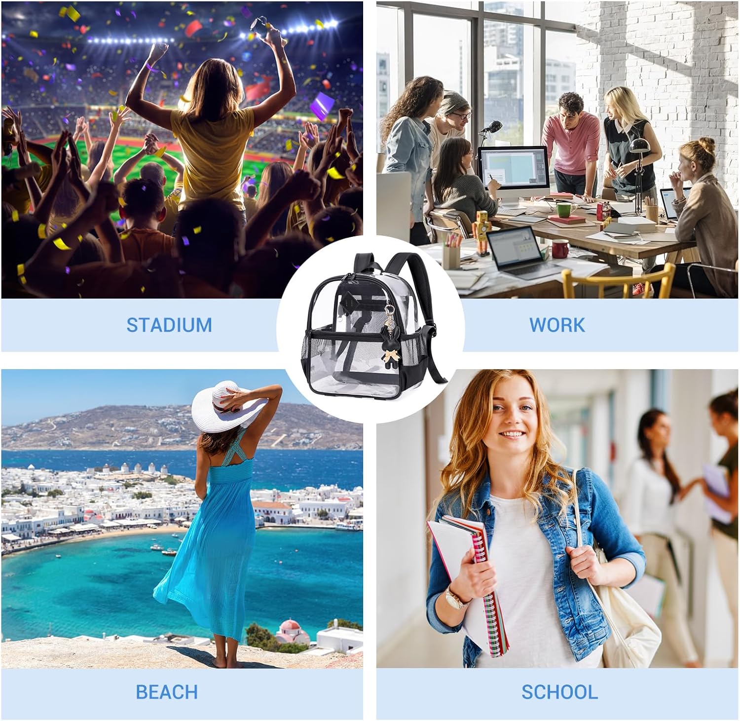 Clear Backpack for Stadium Events Approved 12×6×12, Thick TPU Mini Clear Bag with Front Pocket for Concert Sport Events Work Travel, Black Transparent - Image 9