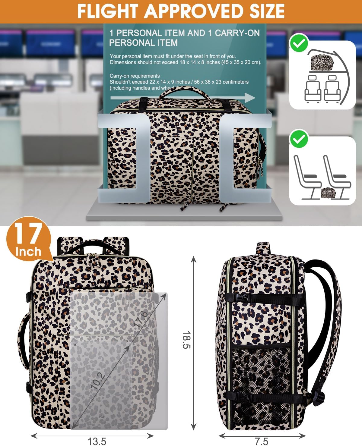 Capolo Travel Backpack for Women Men Waterproof Laptop Backpack Airlines Approved Carry On Backpack Bag Computer Bookbag for Business, Work, Traveling Fits 17 Inch Laptop(Leopard) - Image 5