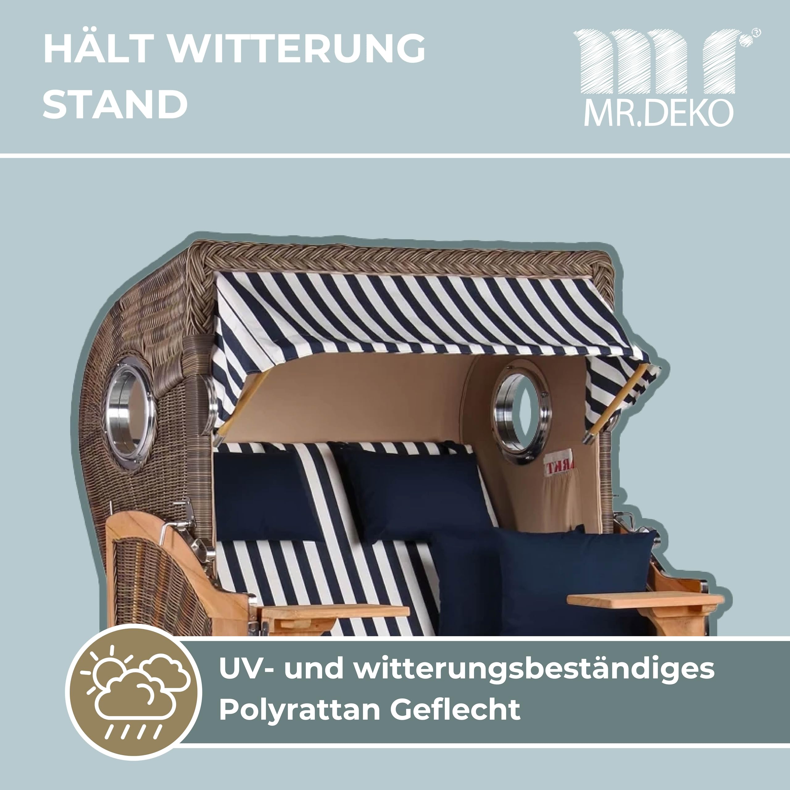 MR. DEKO® Strandkorb Düne Teak 2-Sitzer Bullauge | PE Geflecht Grey | Volllieger Strandstuhl verstellbar | inkl. 4 Kissen Wechselpolster | Strandkörbe fertig montiert aus Teakholz | (Dessin 518)