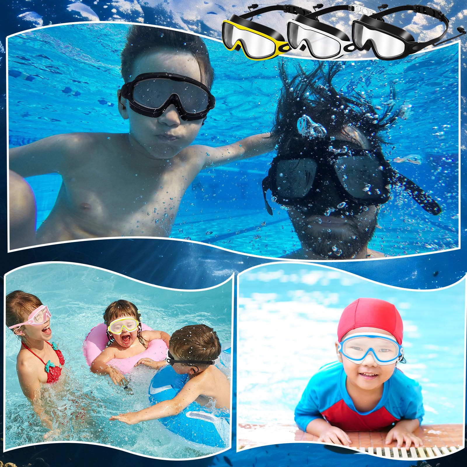 Kanayu 6 occhialini da nuoto per bambini, trasparenti, anti appannamento, ampia vista, senza perdite, con tappi per le orecchie e clip per il naso, per bambini dai 6 ai 13 anni