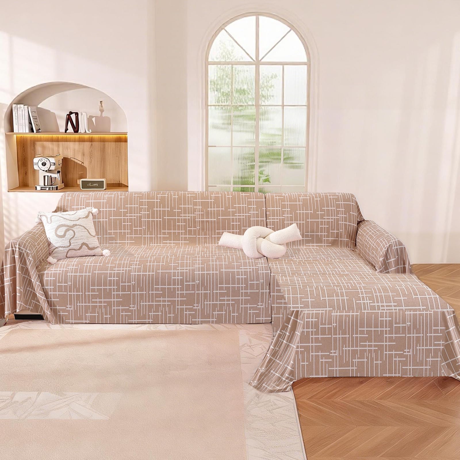 YSTELLAA Copridivano 4 Posti, 200x380 CM, Telo Copridivano Universale Decorativo, Copri Divano Con Braccioli, Copridivani Arredamento Protector, Copritutto Antimacchia Telo Divano, Cammello