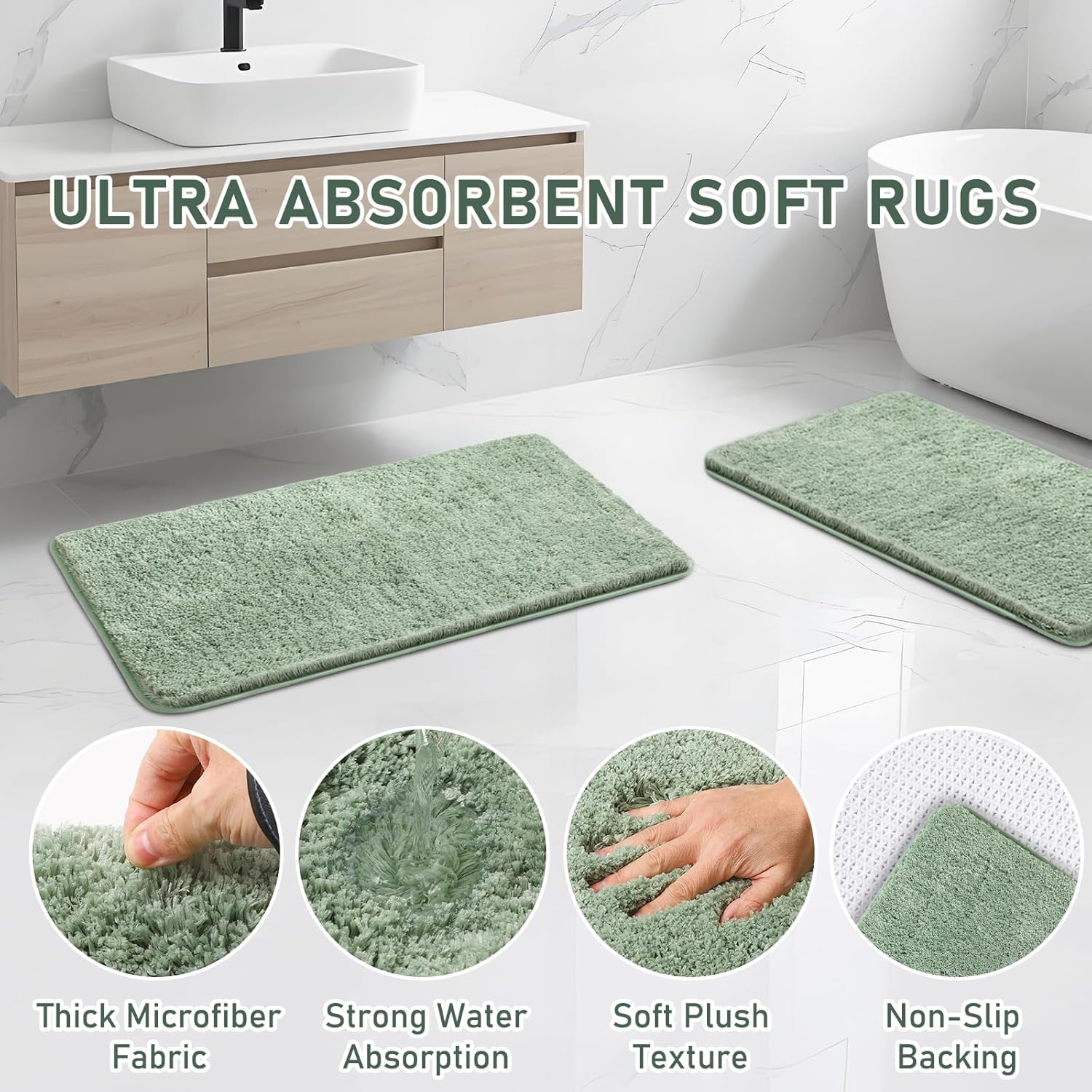 Bathroom Set - Bathroom Sets with Shower Curtain and Rugs, Sage Green Bathroom Set, 27PC Bathroom Accessories Set, Mini Trash Can, Toilet Brush, Trash Can & Soap Dispenser
