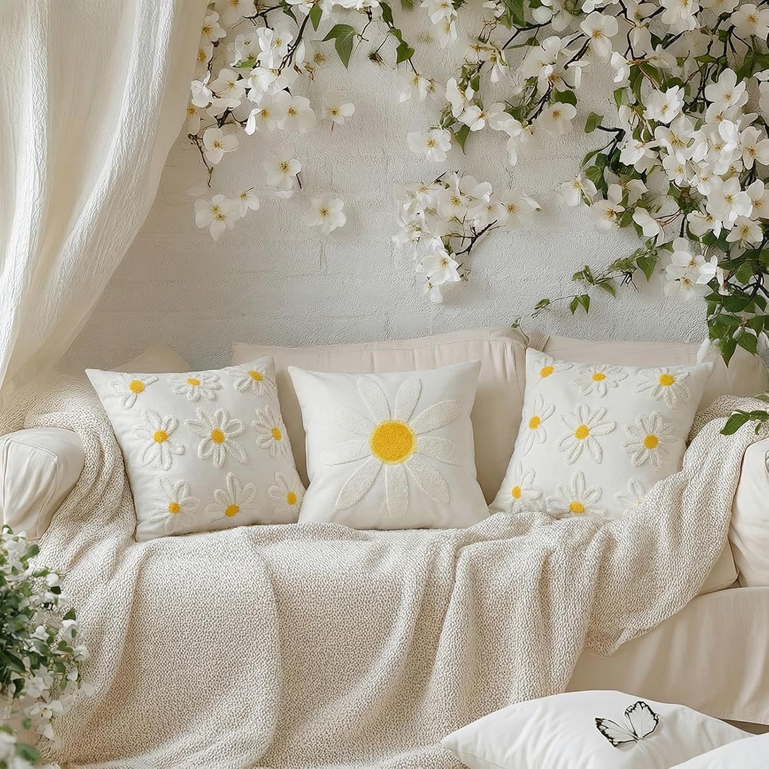 GEEORY 2-Pack 20x20 Inch Daisy Embroidered Cotton Pillow Cover | Farmhouse Spring Summer Home Decor | Durable Canvas Cushion Case for Living Room, Sofa & Bed