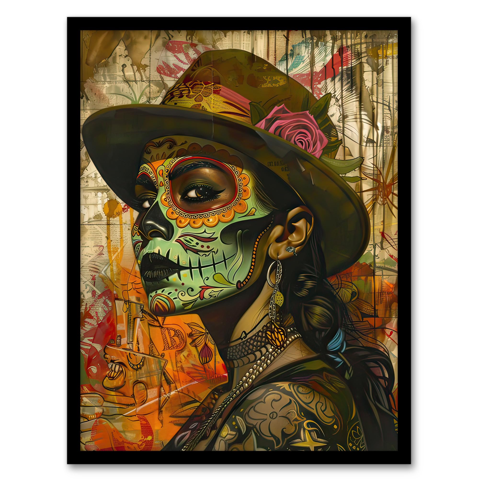 Artery8 Mexican Day of the Dead Portrait Street Art Tattoos Living Room Artwork Framed Wall Art Print 18X24 Inch