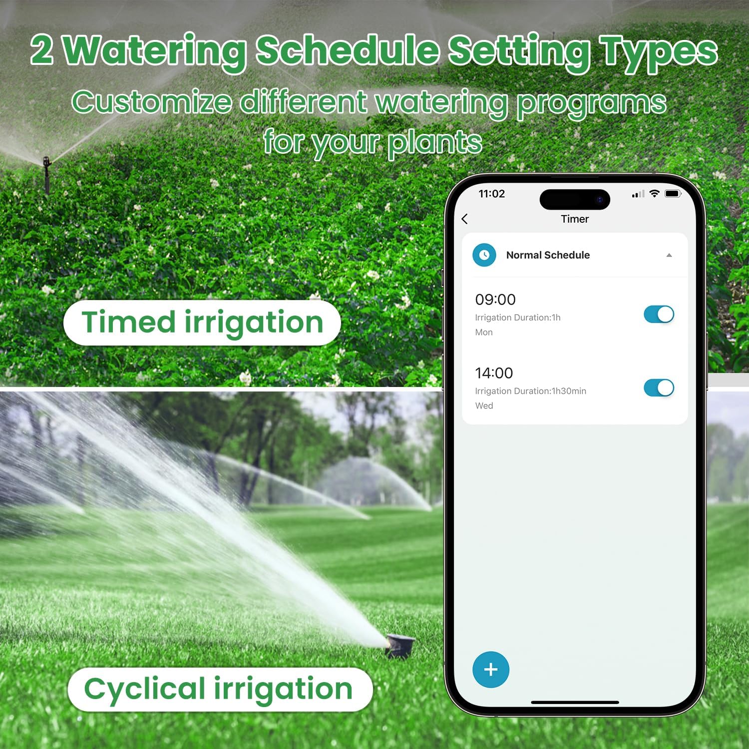 Smartphone app showing timed and cyclical irrigation settings