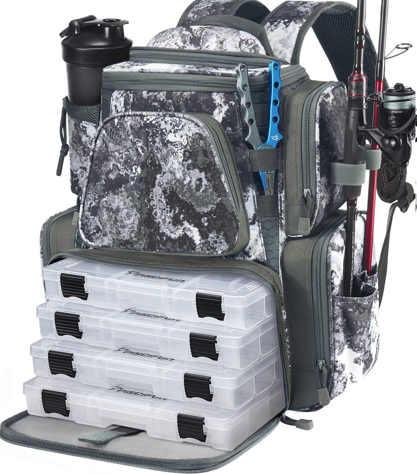 Piscifun Fishing Backpack with 2 Rod Holders & 4 Tackle Boxes, Large Tackle Storage Bag With Rain Cover for Fishing Gear
