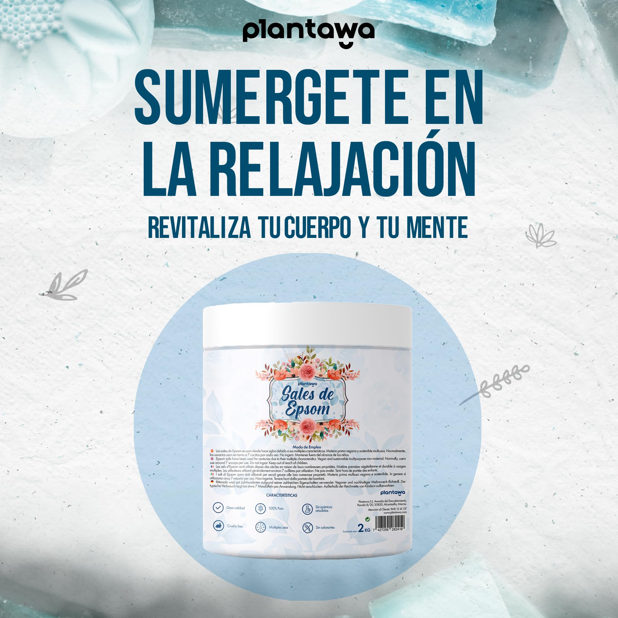 Sales de Epsom 2KG | Sales de Baño con Sulfato de Magnesio para Relajación Muscular | Aromaterapia Relajante, Baño Espumoso 100% Natural