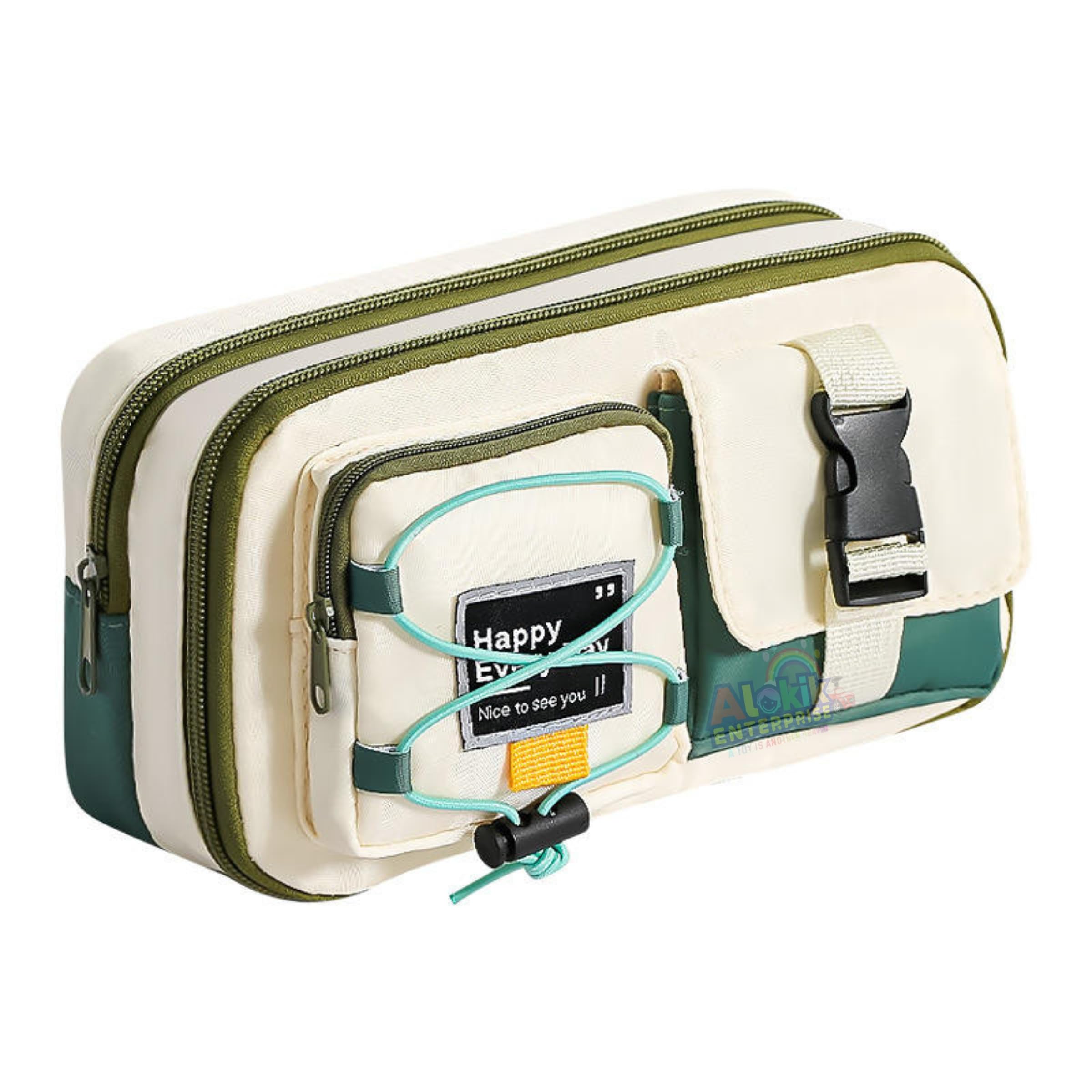 Alokik Multi-Compartment Pencil Pouch Large Capacity Pen Case with Zipper & Buckle Pocket, Durable Canvas Stationery Organizer for School Office Travel, Stylish Storage Case (Green Happy Every Day)-image-39
